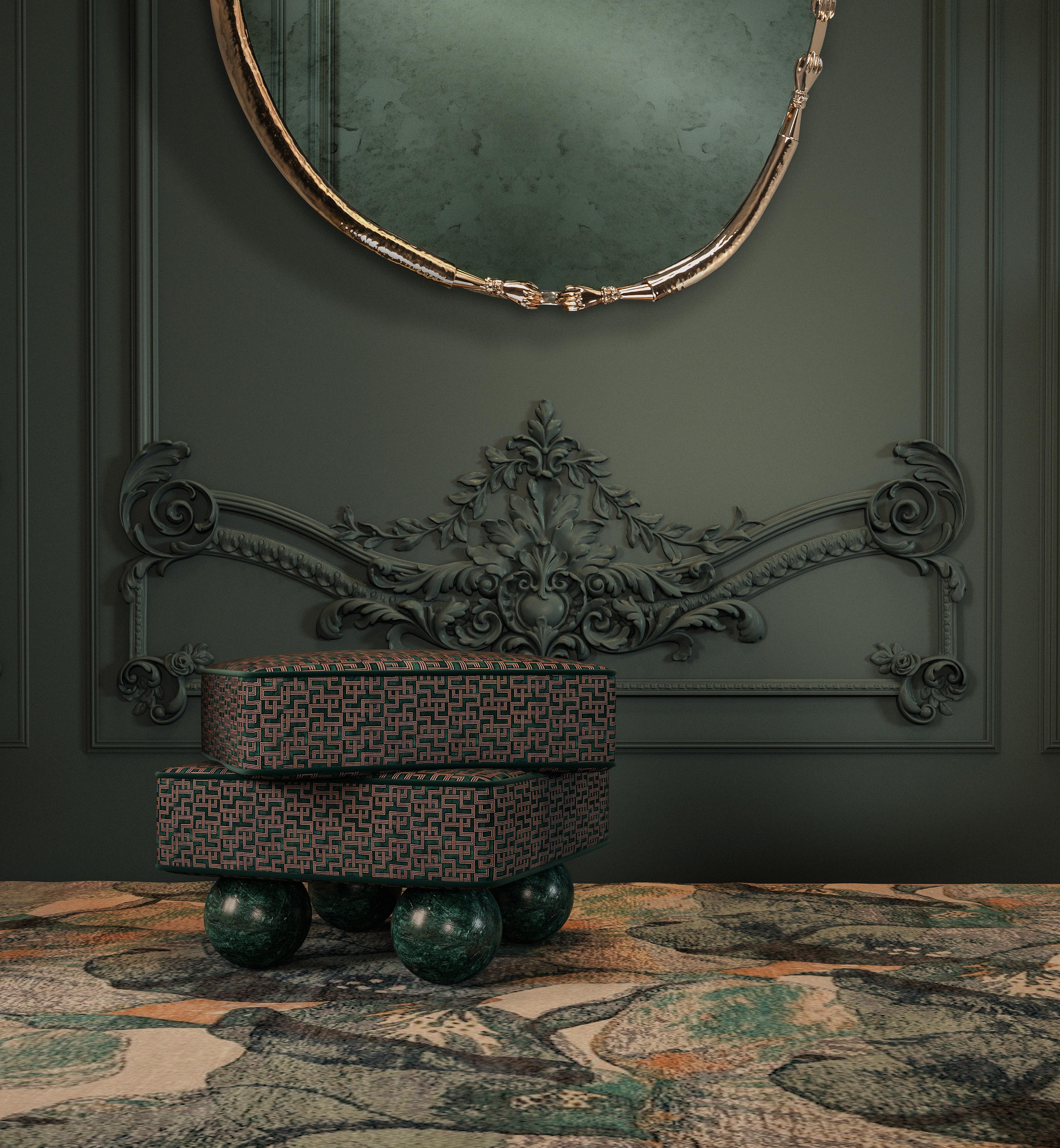 Portuguese Postmodern Dedar Jacquard Velvet Madonna Stool Wood Made in Portugal by Malabar For Sale