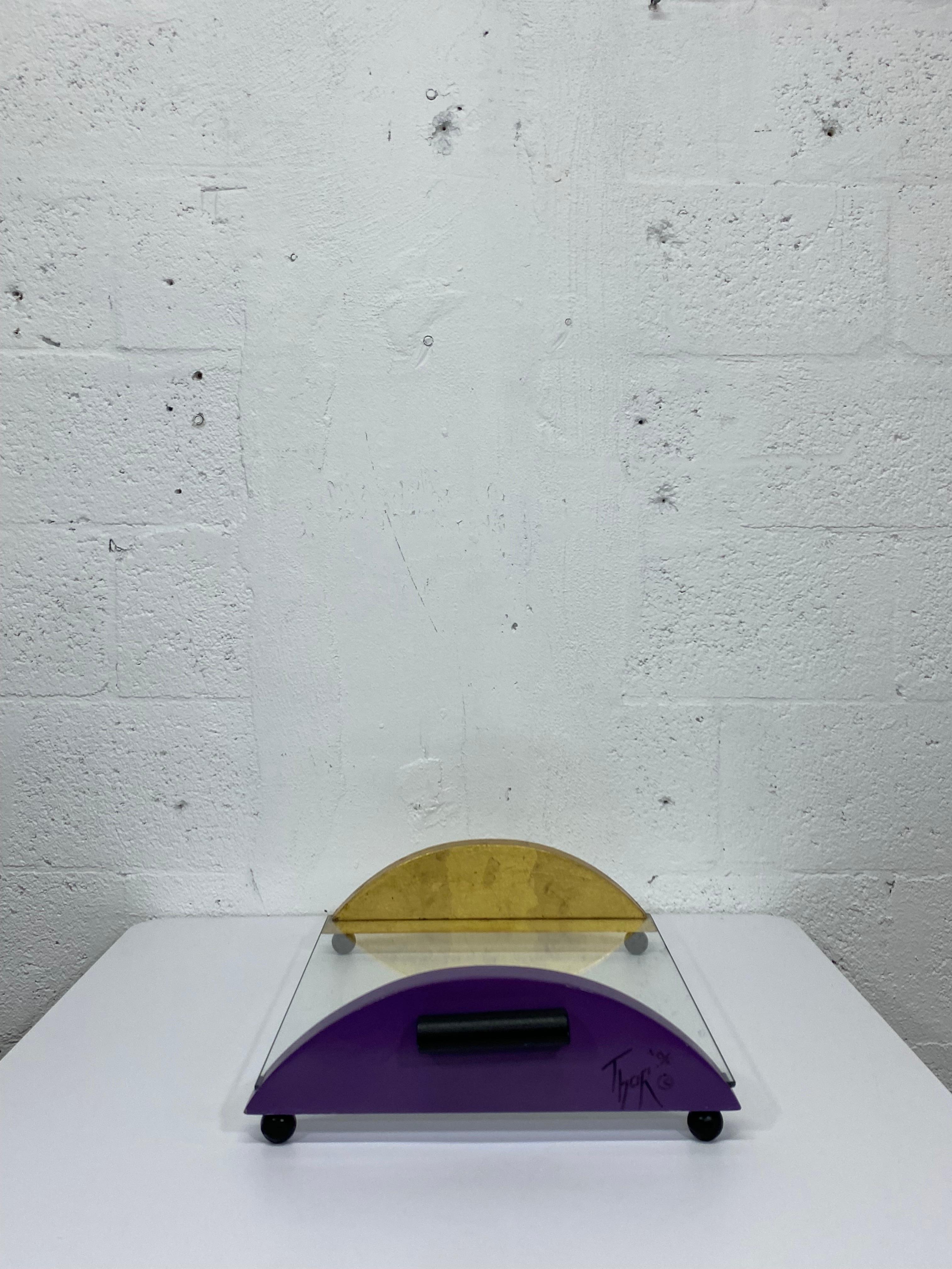 Postmodern Design Glass and Wood Tray by Thor, 1996 In Good Condition For Sale In Miami, FL