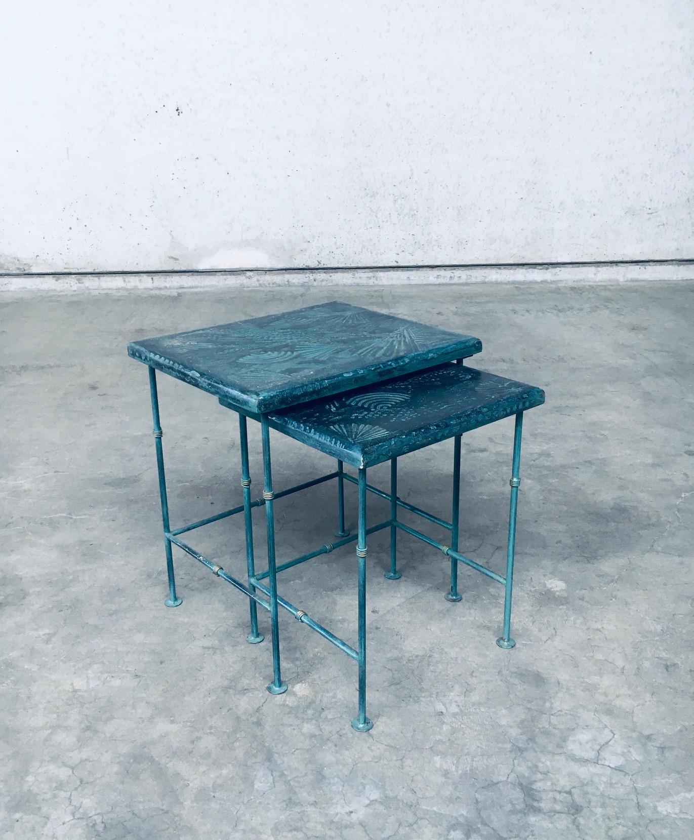 Postmodern Design Art Handmade Nesting Table set by J. Berdou. Made in France, 1980's period. Signed by the artist on the large model table. A Rare nesting / side table set with beautiful slender design. Hand made by the artist. Turquoise green