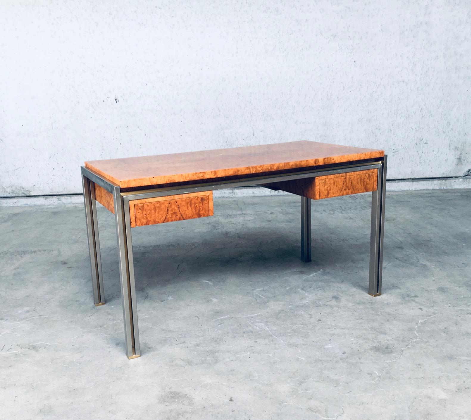 Vintage Postmodern design burl wood desk in the style of Milo Baughman, 1970's / 80's. Made in Italy. Architectural in design. Burl wood top and drawers on brushed metal and brass construction base. 2 very deep drawers, both devided with a utensils