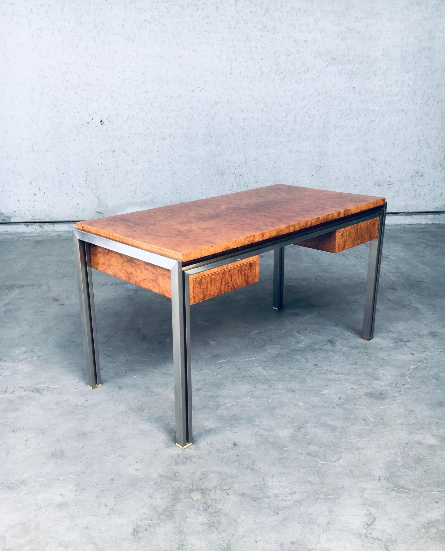 Brushed Postmodern Design in Style of Milo Baughman Burl Wood Desk, 1970's For Sale