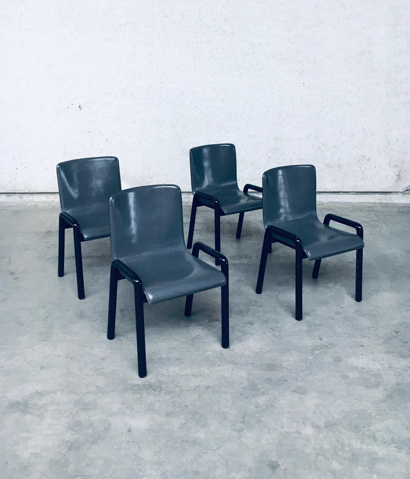 Vintage Postmodern Design Leather Dining Chair set of 4. Made in Italy, 1980's. Grey leather seat on black gloss lacquered wood bend base. In the style of Afra and Tobia Scarpa design chairs. These chairs have a nice minimalistic design. All chairs