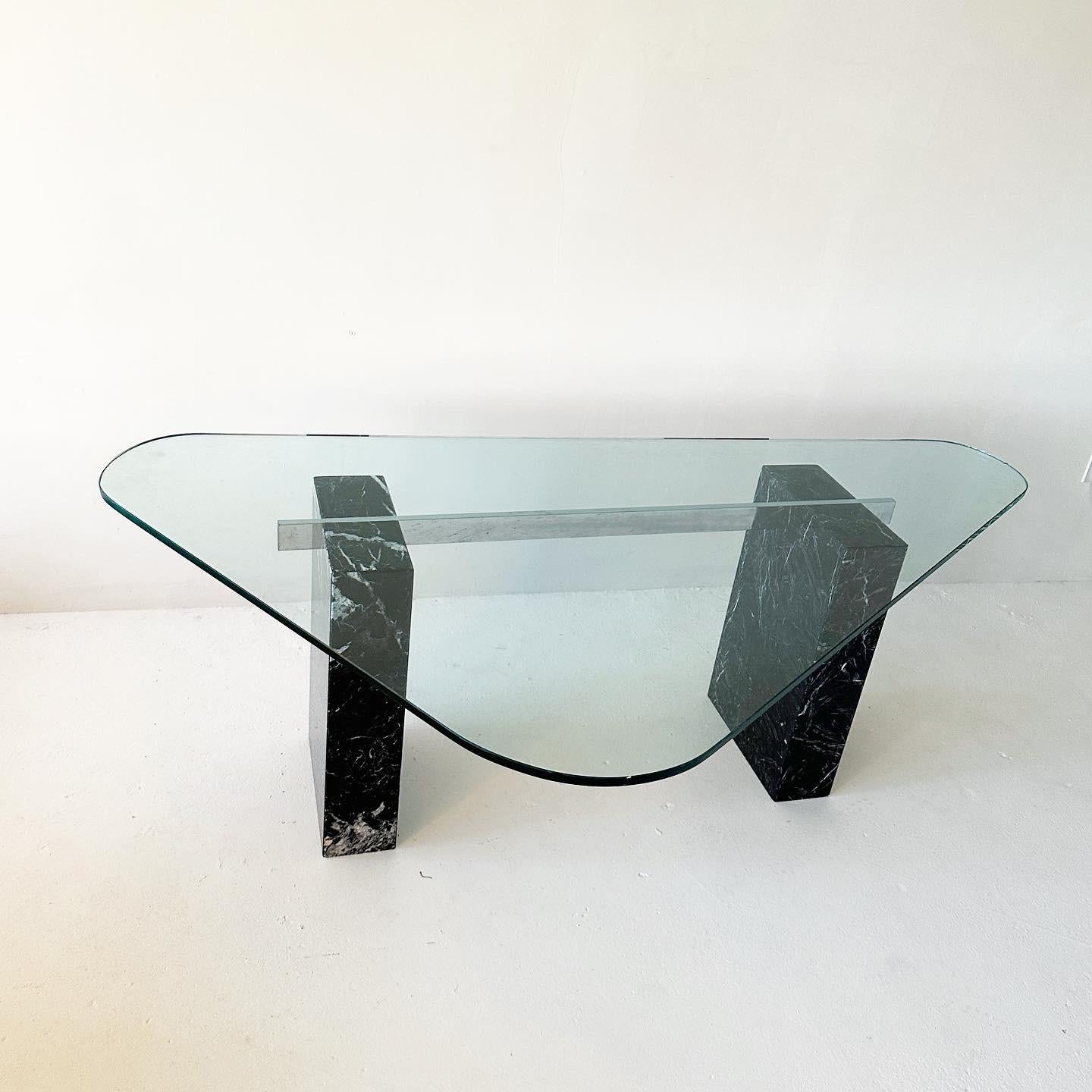 20th Century Postmodern Desk / Dining Table with Rounded Triangular Glass Top and Marble Legs For Sale