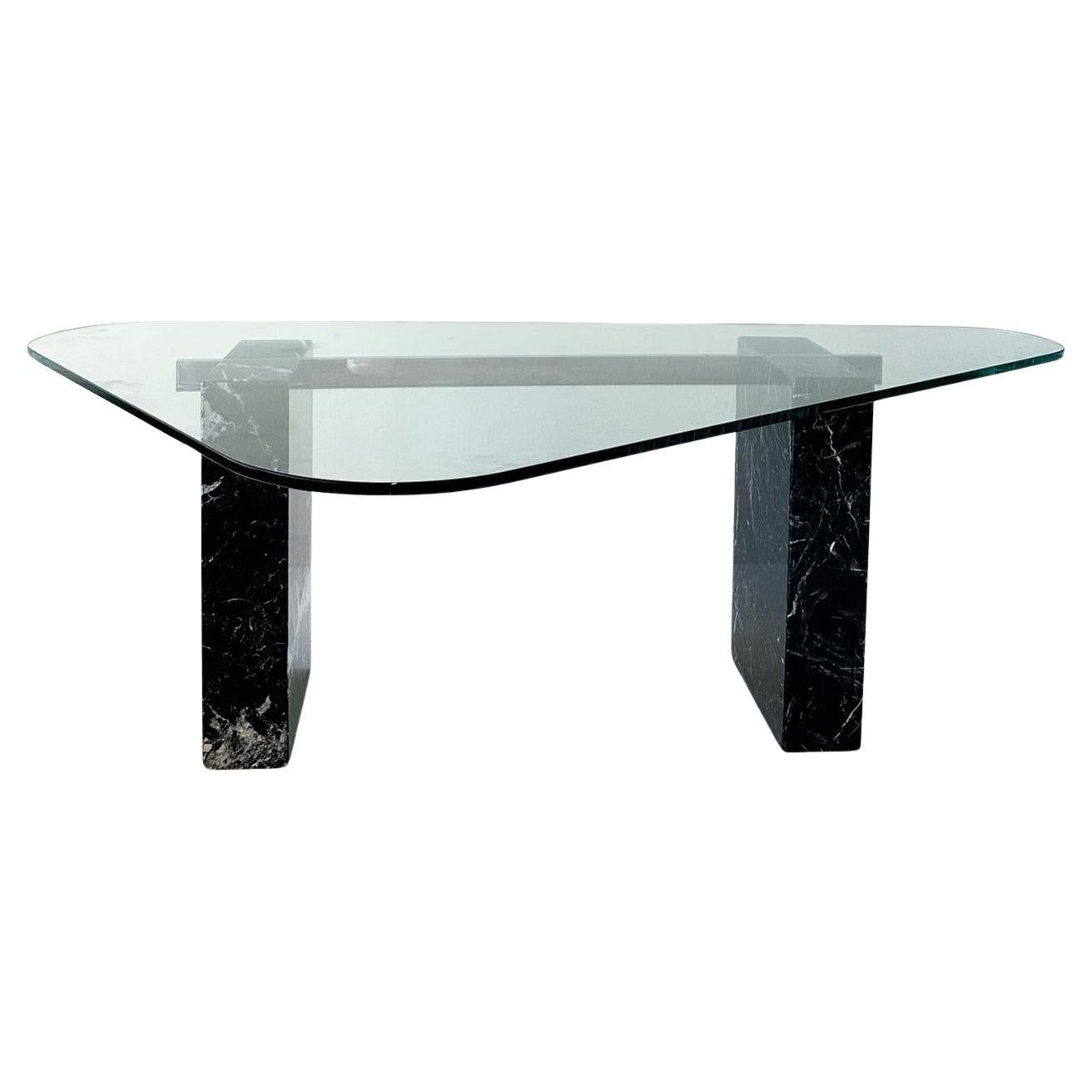 Postmodern Desk / Dining Table with Rounded Triangular Glass Top and Marble Legs For Sale
