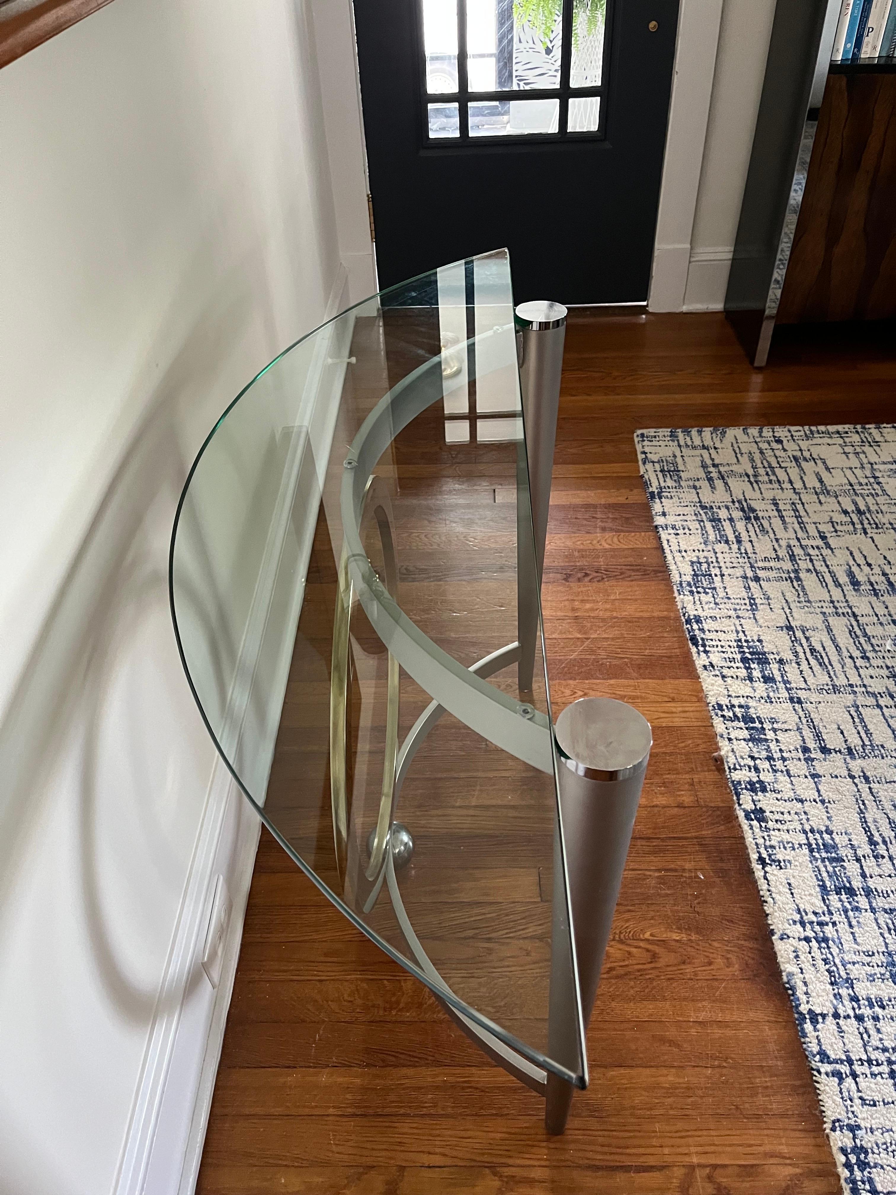 Postmodern DIA style steel and brass demilune console. For Sale 2