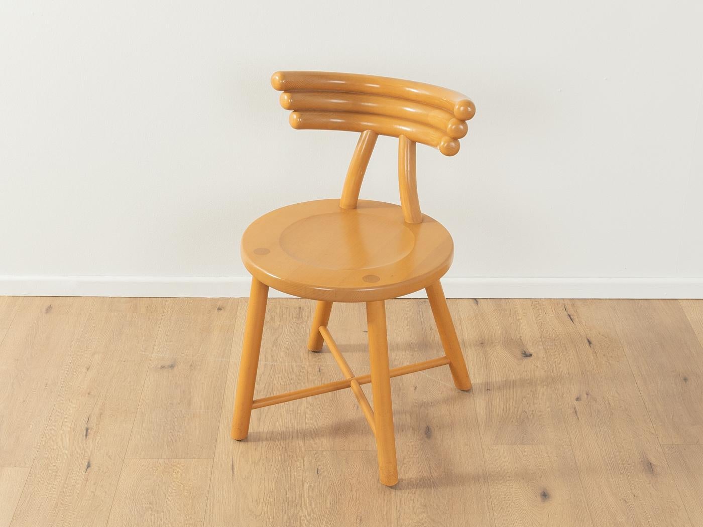 Postmodern dining chairs from the 1980s. Solid beech frame, seat and backrest. The offer includes 2 chairs.

Quality Features:
    very good workmanship
    high-quality materials
    solid wood frame
    Made in Germany, manufacturer: Eka Wohnmöbel