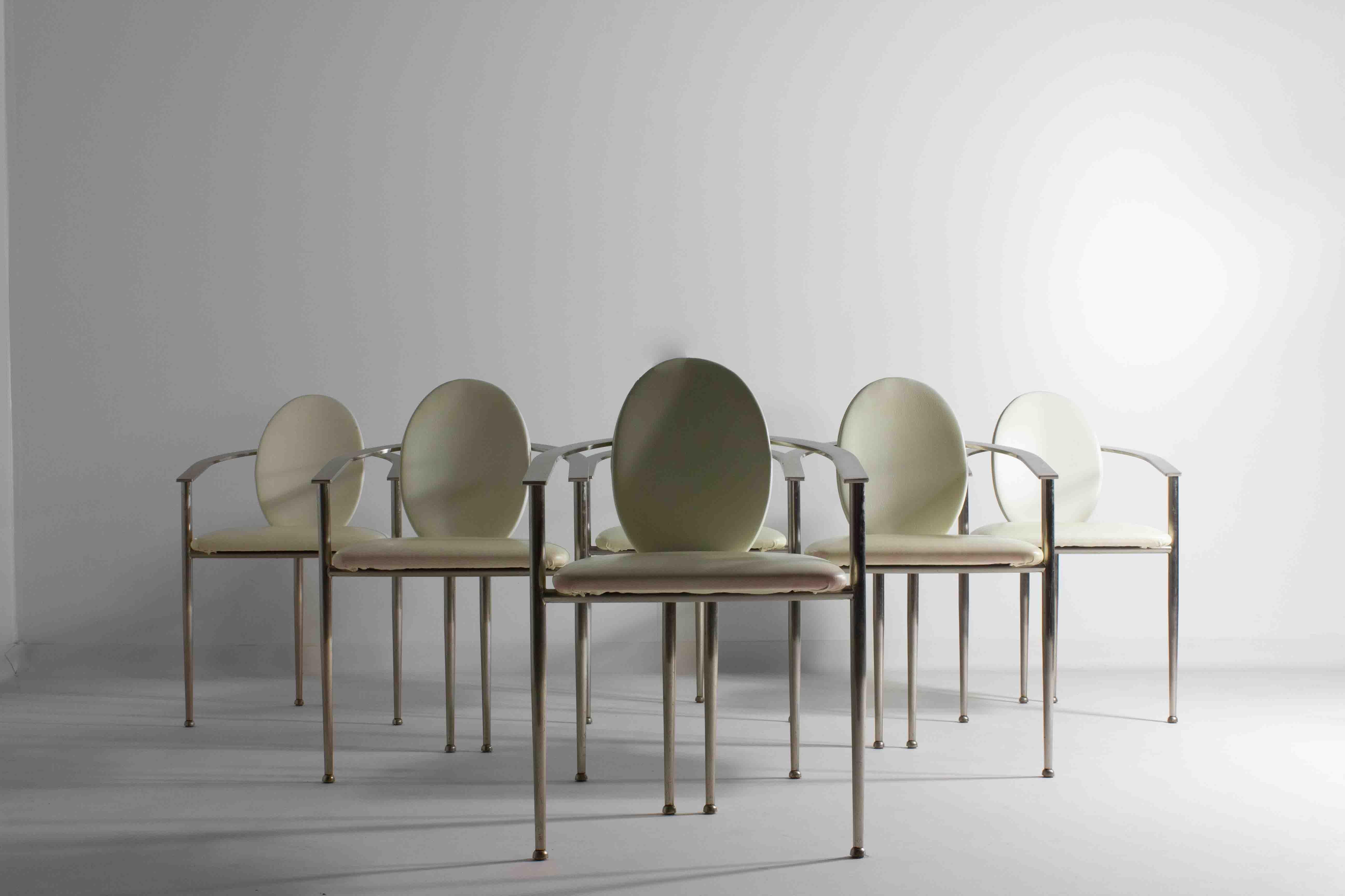 Post-Modern Postmodern dining chairs in steel and white leather, Belgium 1980s For Sale