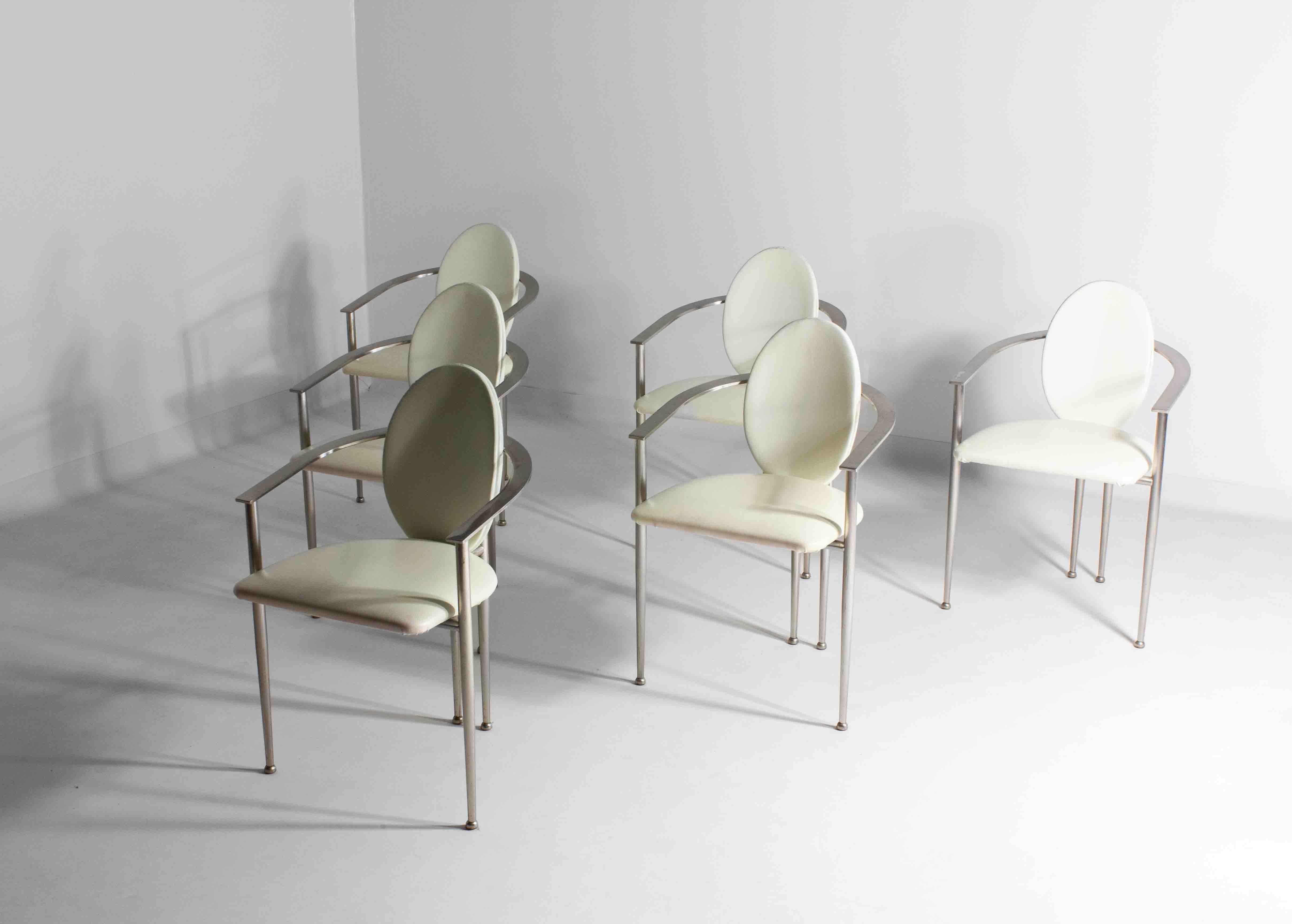 Belgian Postmodern dining chairs in steel and white leather, Belgium 1980s For Sale