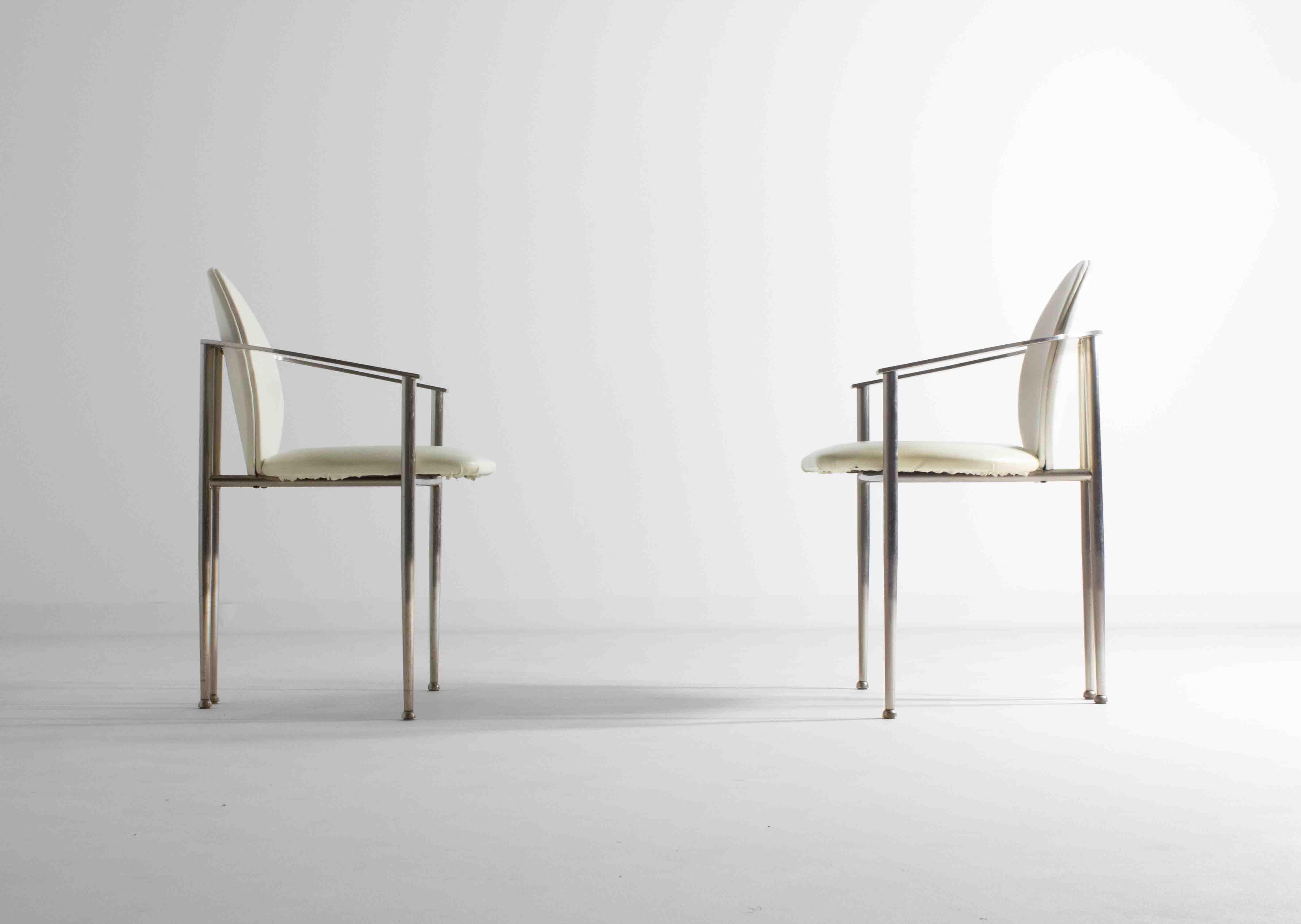 Postmodern dining chairs in steel and white leather, Belgium 1980s For Sale 1
