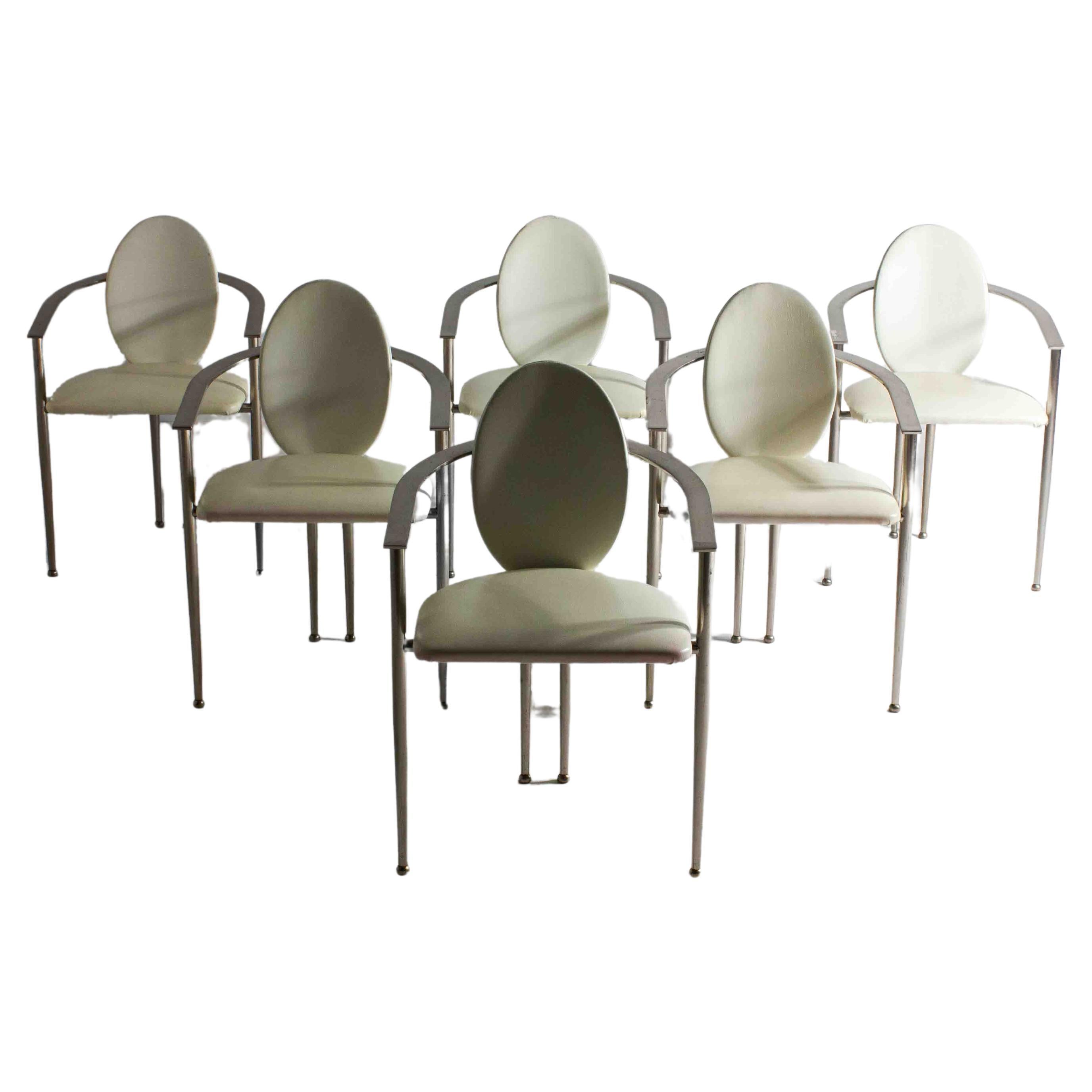 Postmodern dining chairs in steel and white leather, Belgium 1980s For Sale