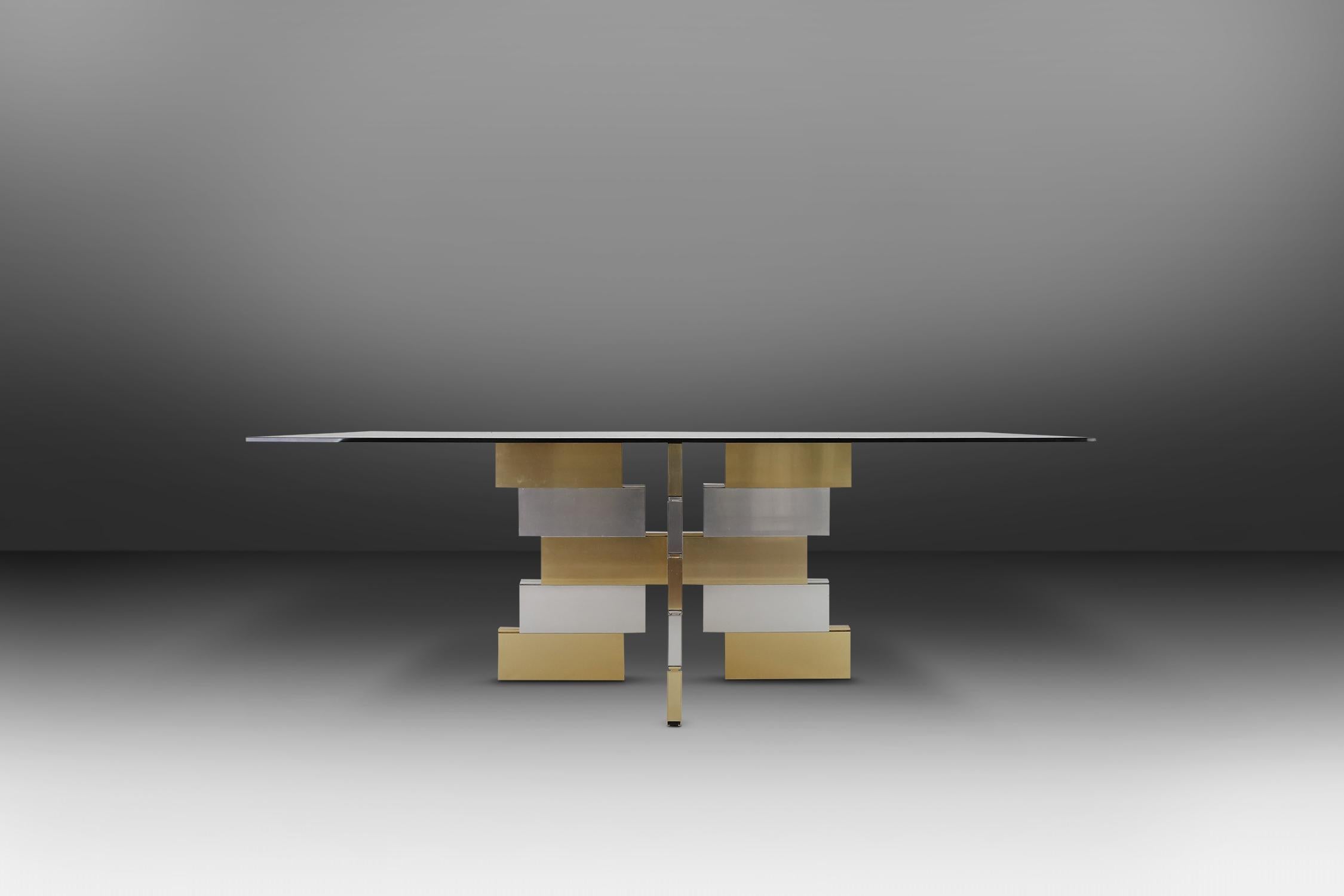 Dining table in the manner of Paul Evans. Made of anodized aluminum base that can move separately so that you can put the table in different setups. With a glass top you can see the table base.
Has some small user damage as you can see on the