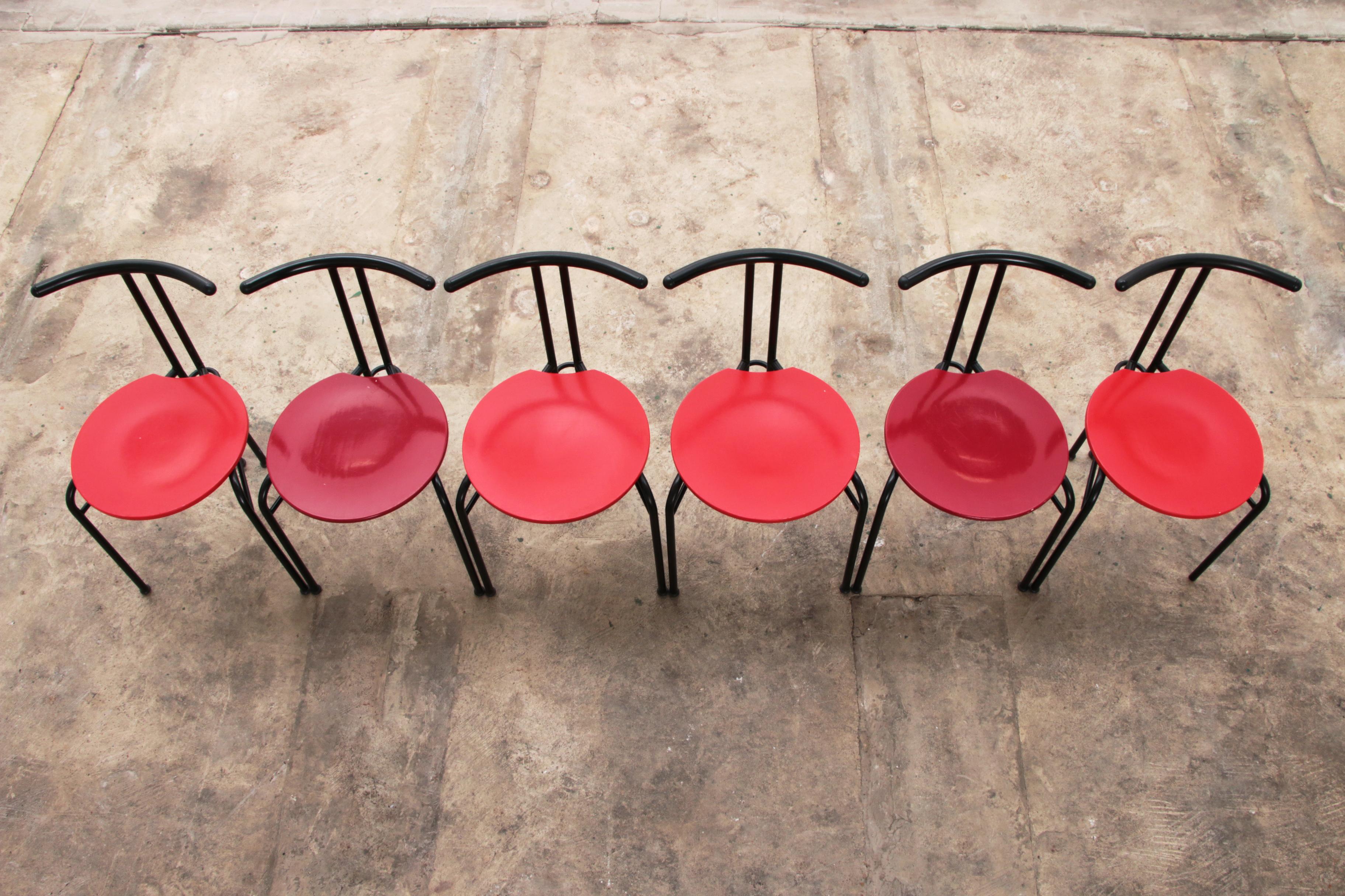 Postmodern Dining Table Chairs with Red Seat - Set of 6 For Sale 1