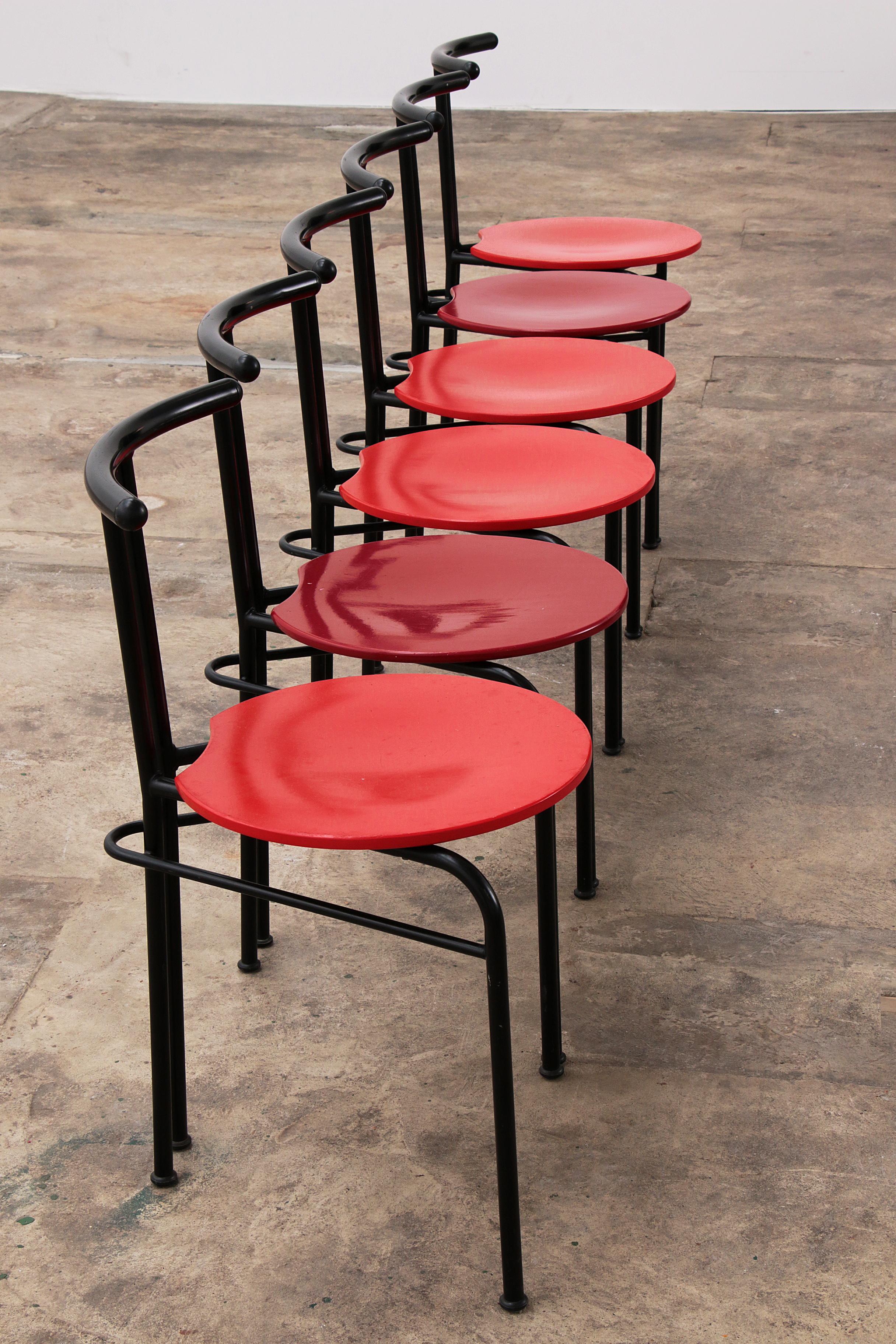 Postmodern Dining Table Chairs with Red Seat - Set of 6 For Sale 2