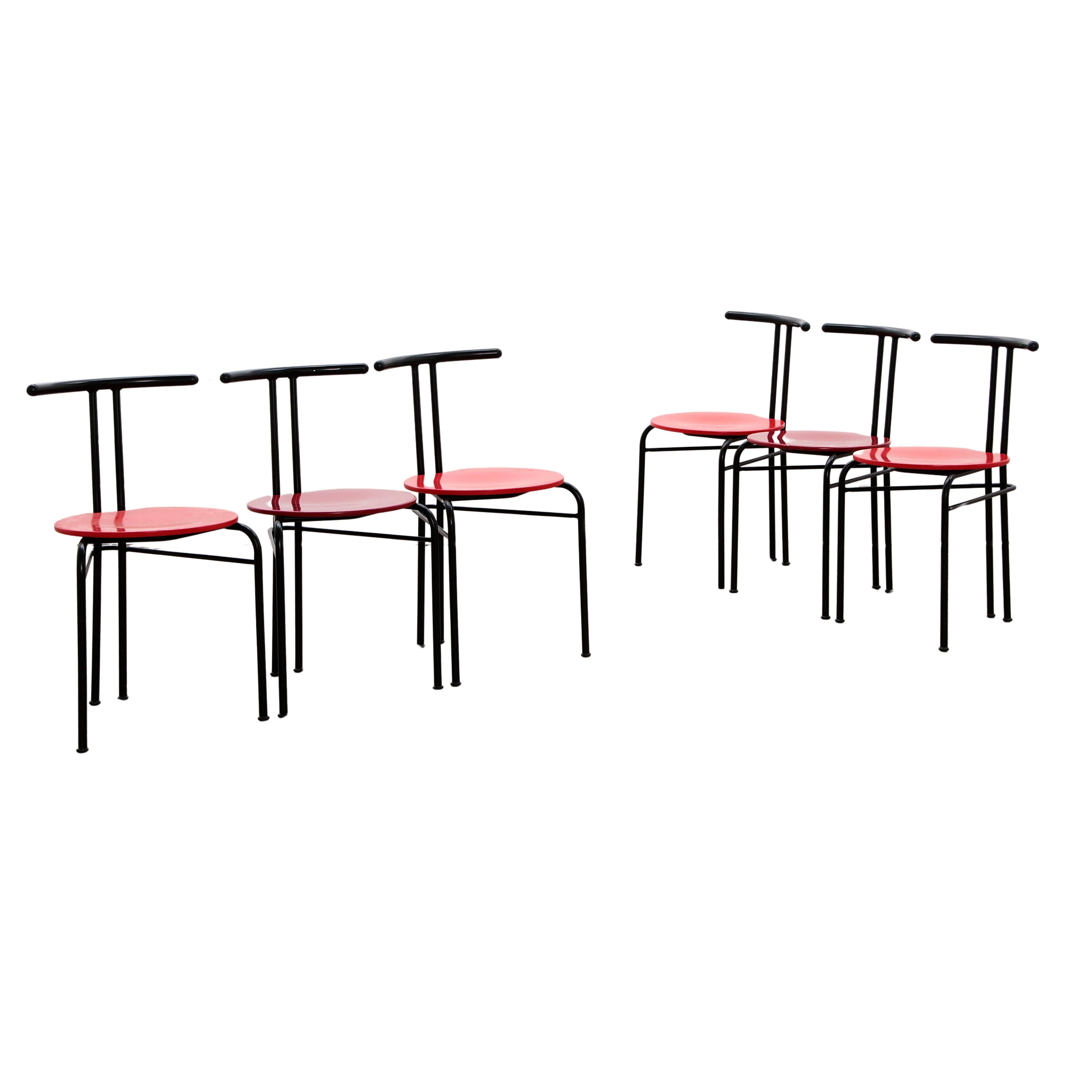 Postmodern Dining Table Chairs with Red Seat - Set of 6 For Sale