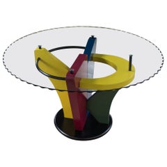 Postmodern Dining Table Geometrical Base Round & Glass Top Style Memphis Group