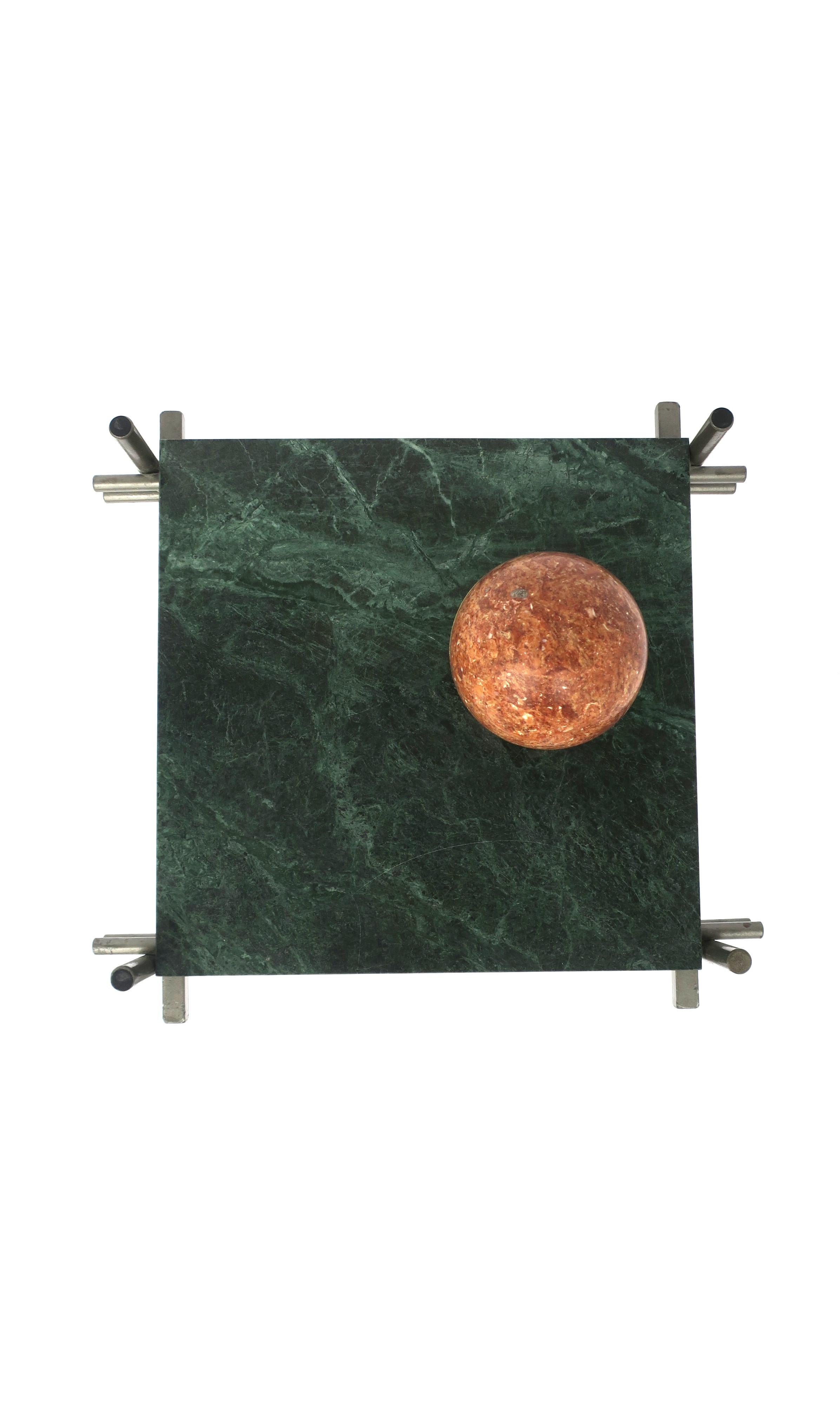 Metal Italian Postmodern Dark Green Marble Drinks Side Table For Sale