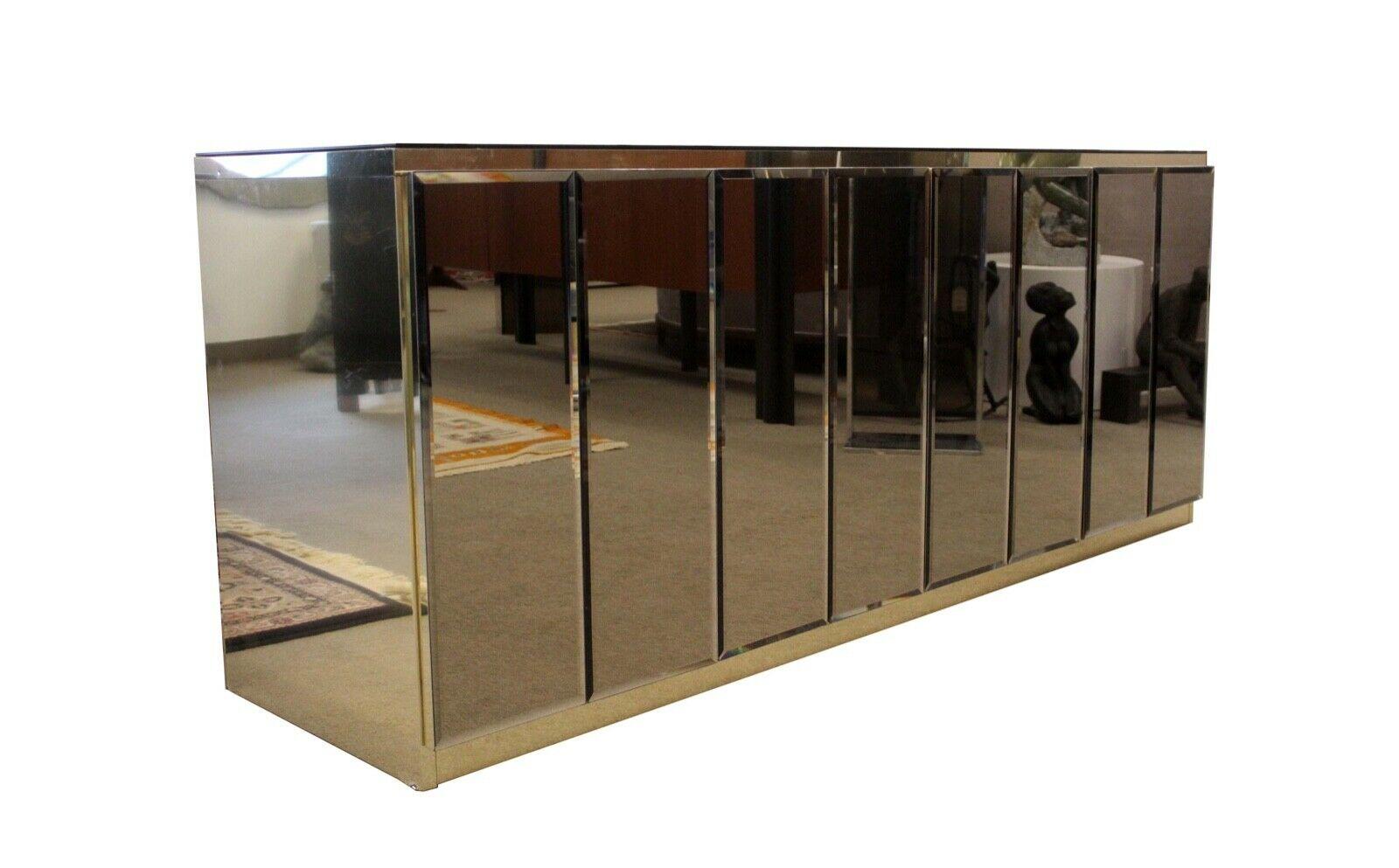 Postmodern Ello Brass Glass Mirrored Credenza Sideboard In Good Condition In Keego Harbor, MI