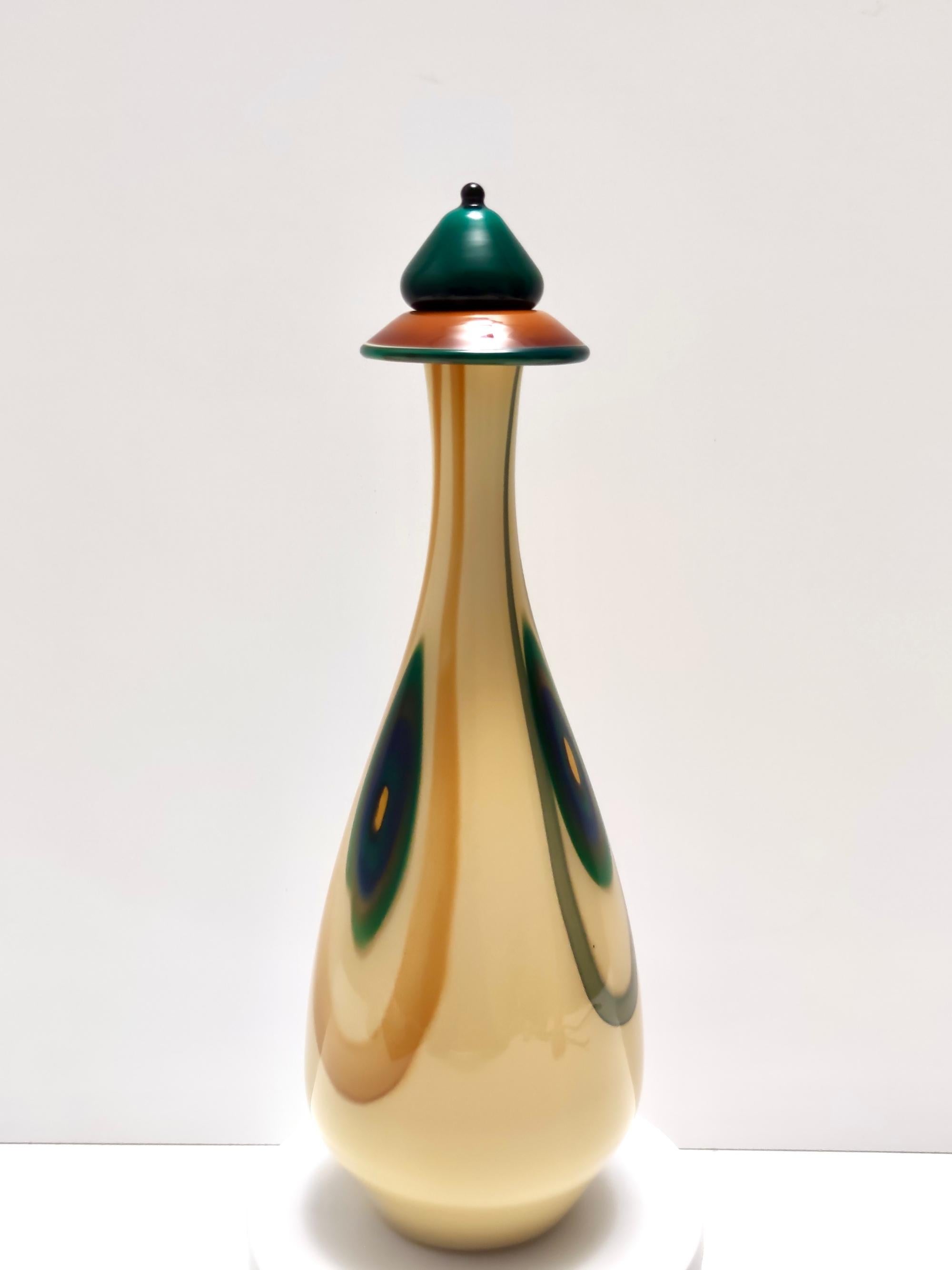 Murano Glass Postmodern Beige Encased and Hand-blown Glass Decanter Bottle, Italy For Sale