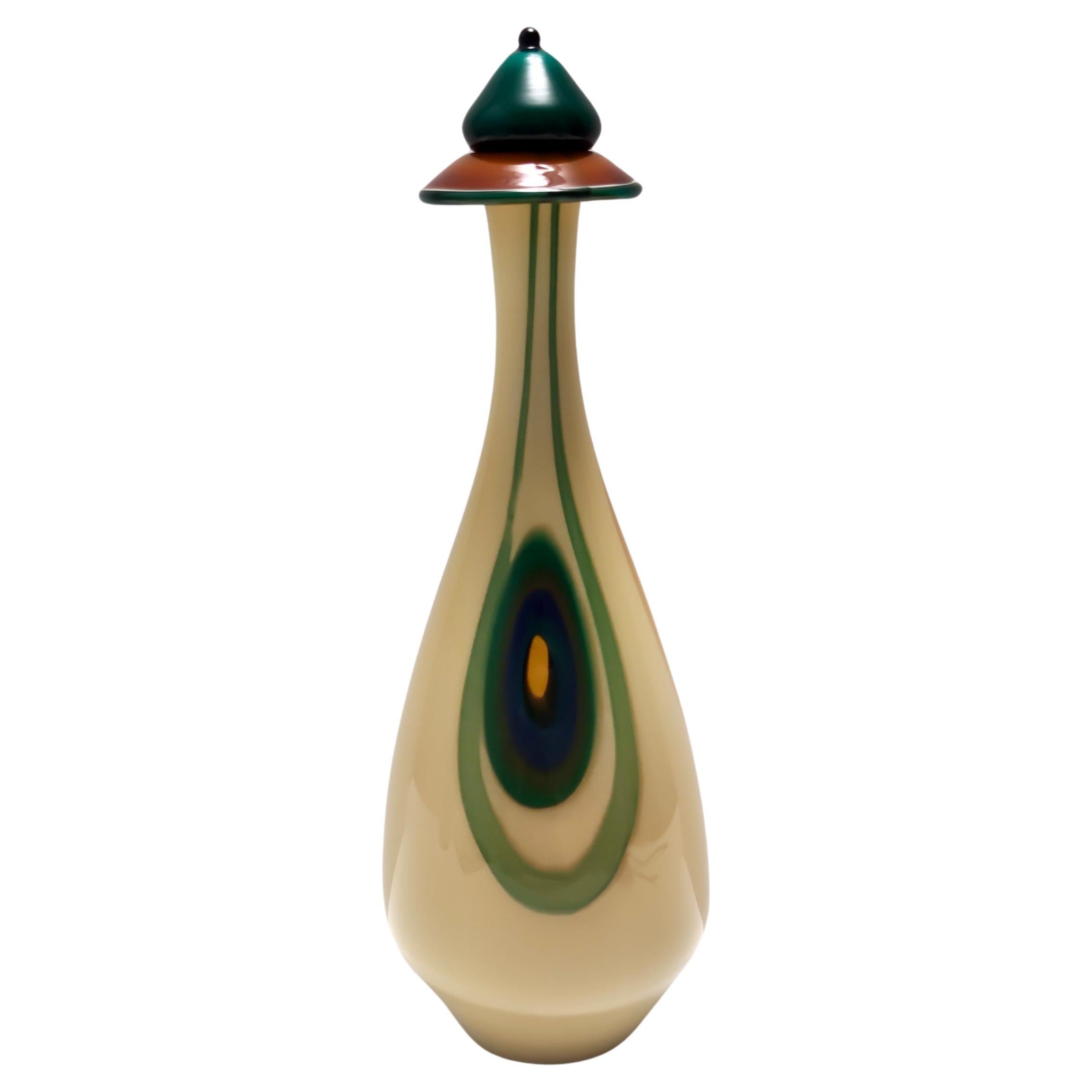 Postmodern Beige Encased and Hand-blown Glass Decanter Bottle, Italy For Sale