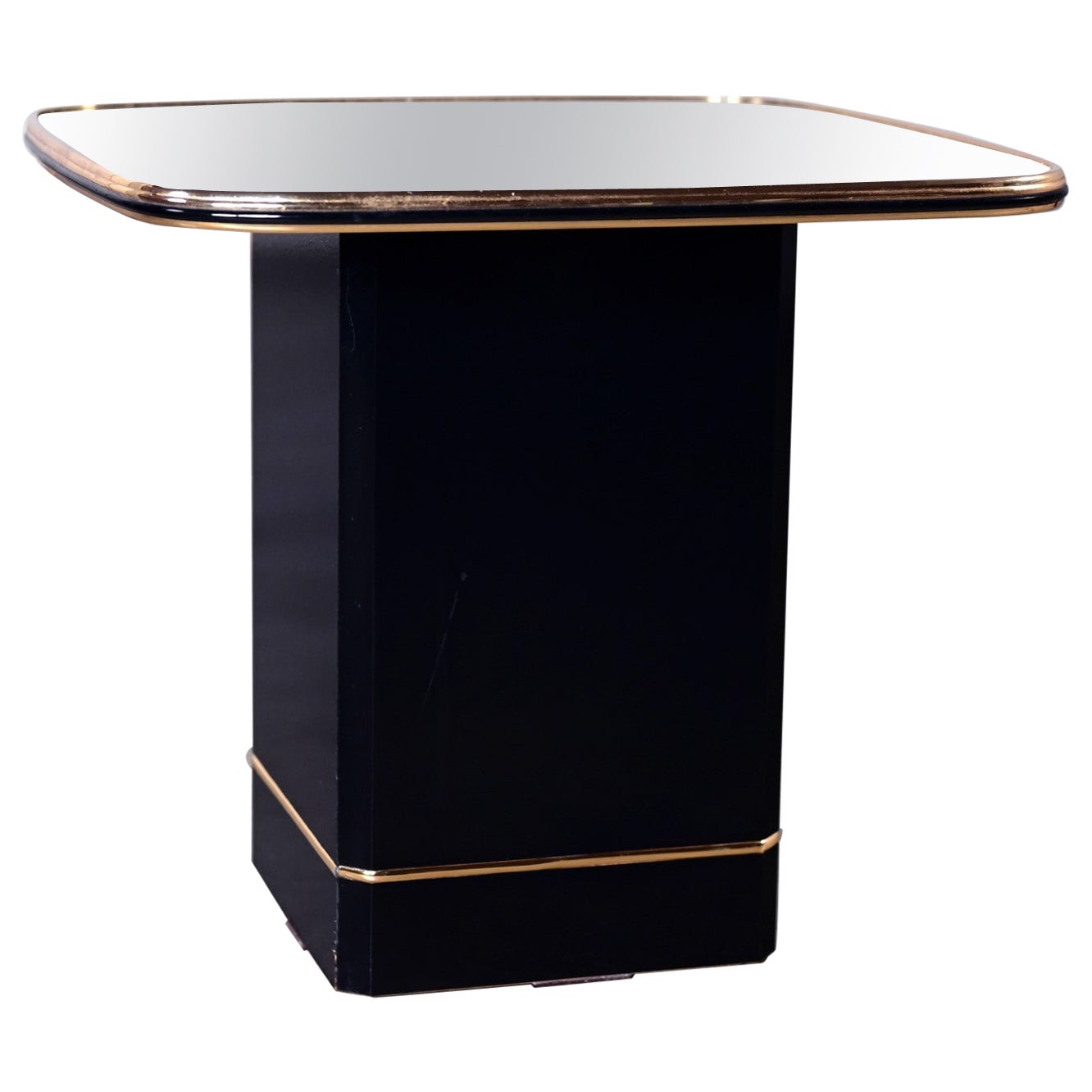 Postmodern End or Side Table with Mirror Top & Black Laquered Pedestal Base