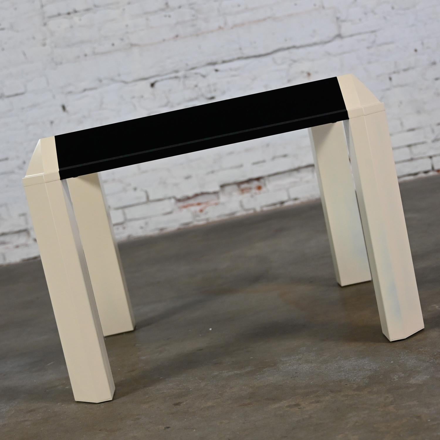 Postmodern End Table Black Painted Frame Off White Trapezoid Legs Glass Top For Sale 3