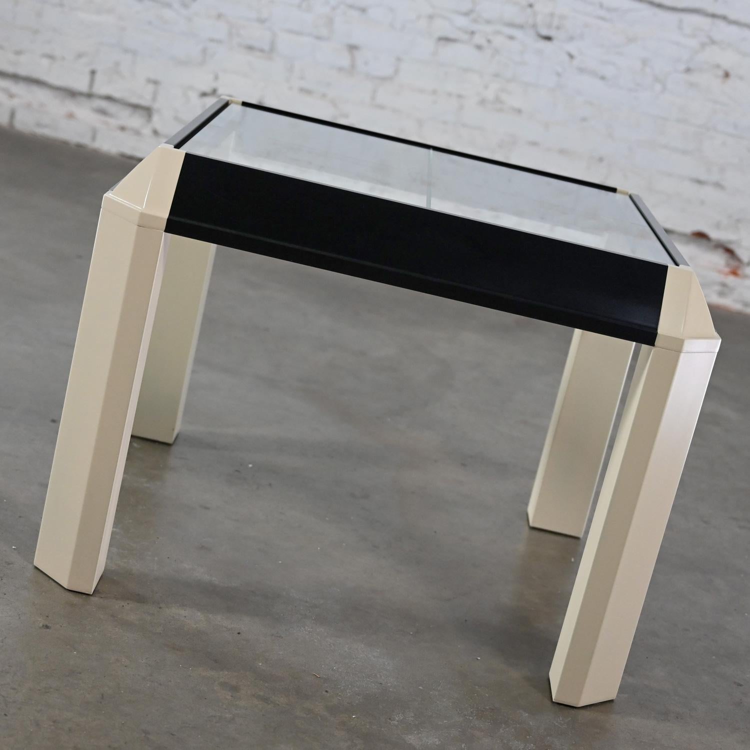Postmodern End Table Black Painted Frame Off White Trapezoid Legs Glass Top For Sale 4