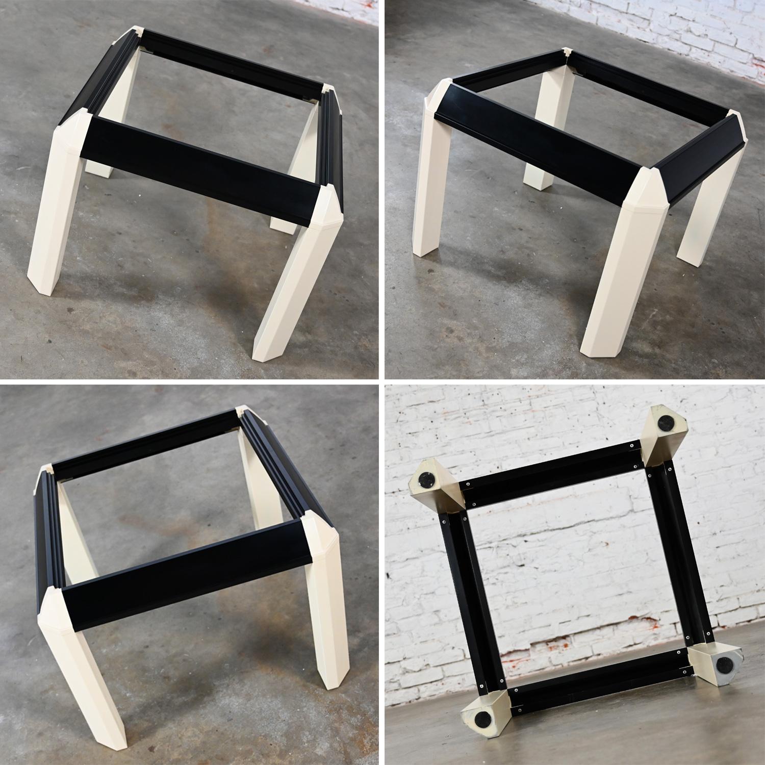 Postmodern End Table Black Painted Frame Off White Trapezoid Legs Glass Top For Sale 6