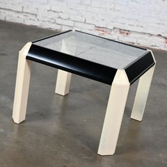 Postmodern End Table Black Painted Frame Off White Trapezoid Legs Glass Top