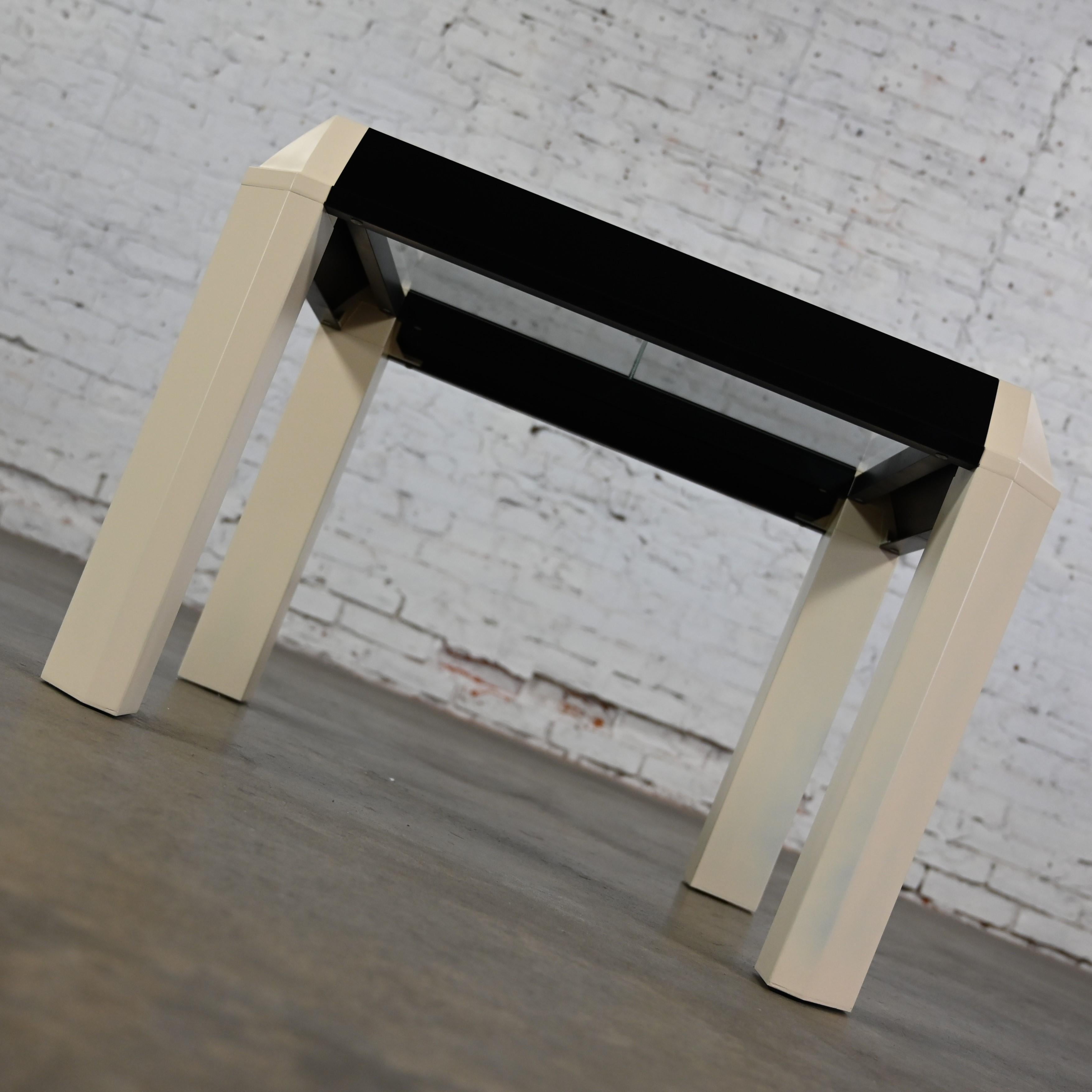 Unknown Postmodern End Table Black Painted Frame Off White Trapezoid Legs Glass Top For Sale