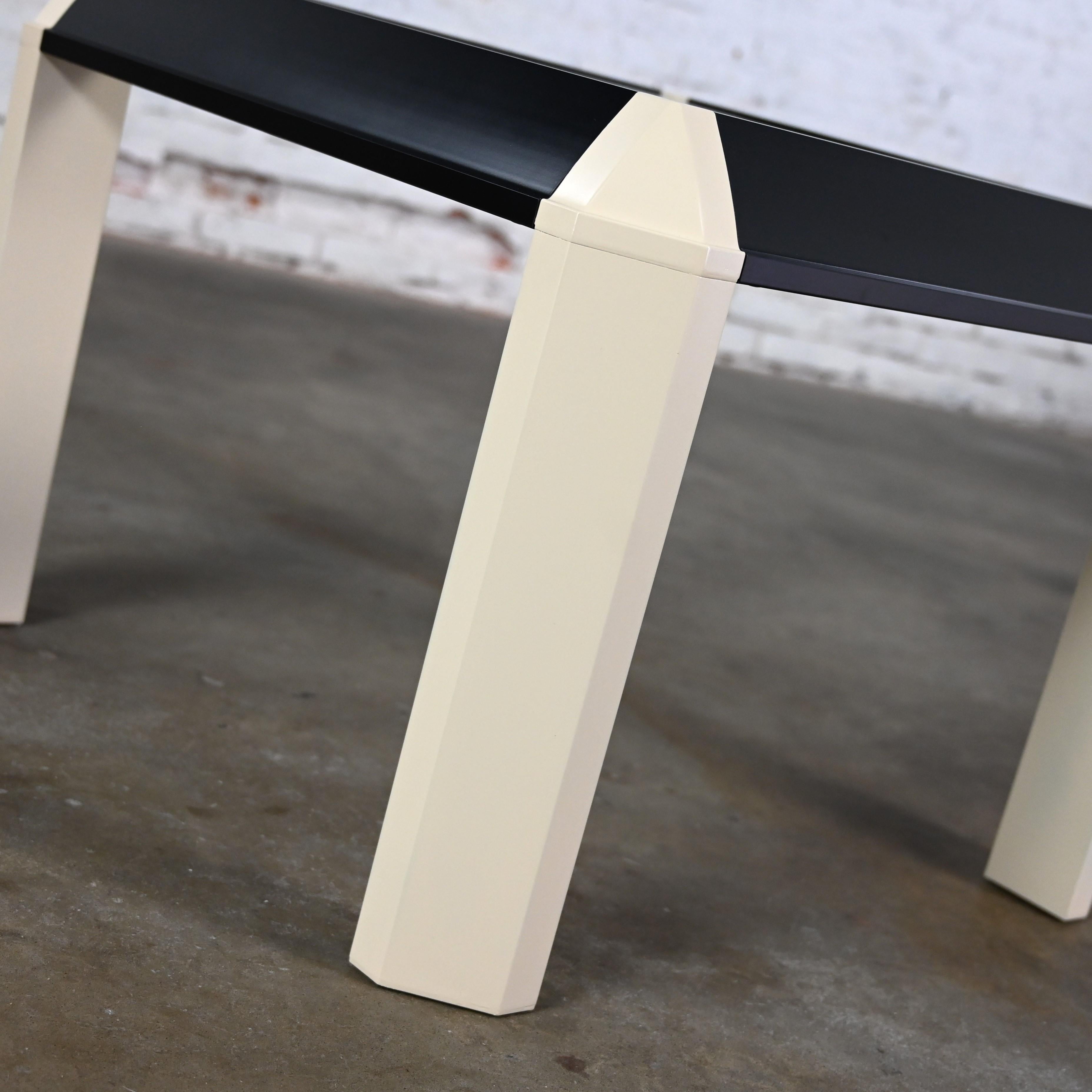 20th Century Postmodern End Table Black Painted Frame Off White Trapezoid Legs Glass Top For Sale