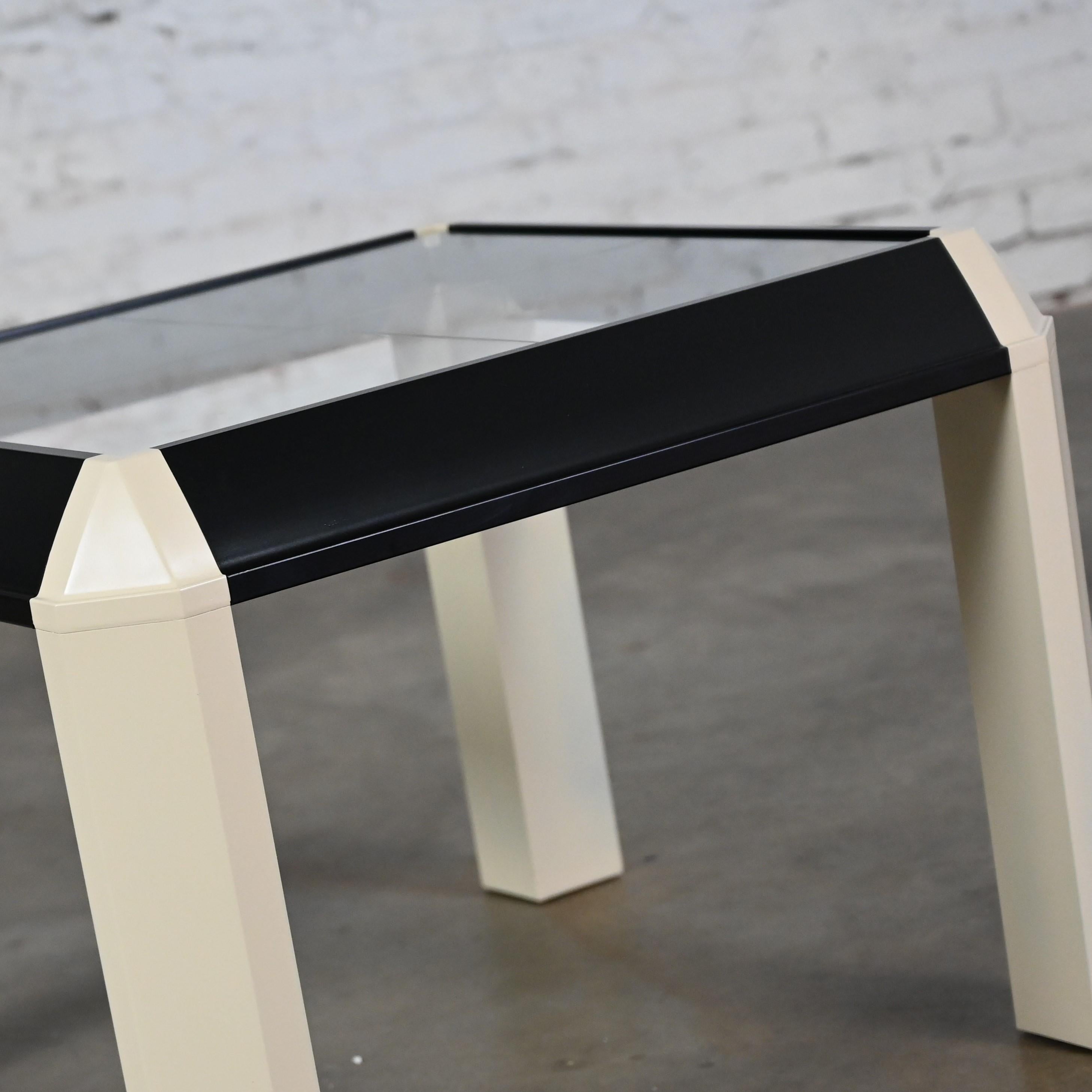 Metal Postmodern End Table Black Painted Frame Off White Trapezoid Legs Glass Top For Sale