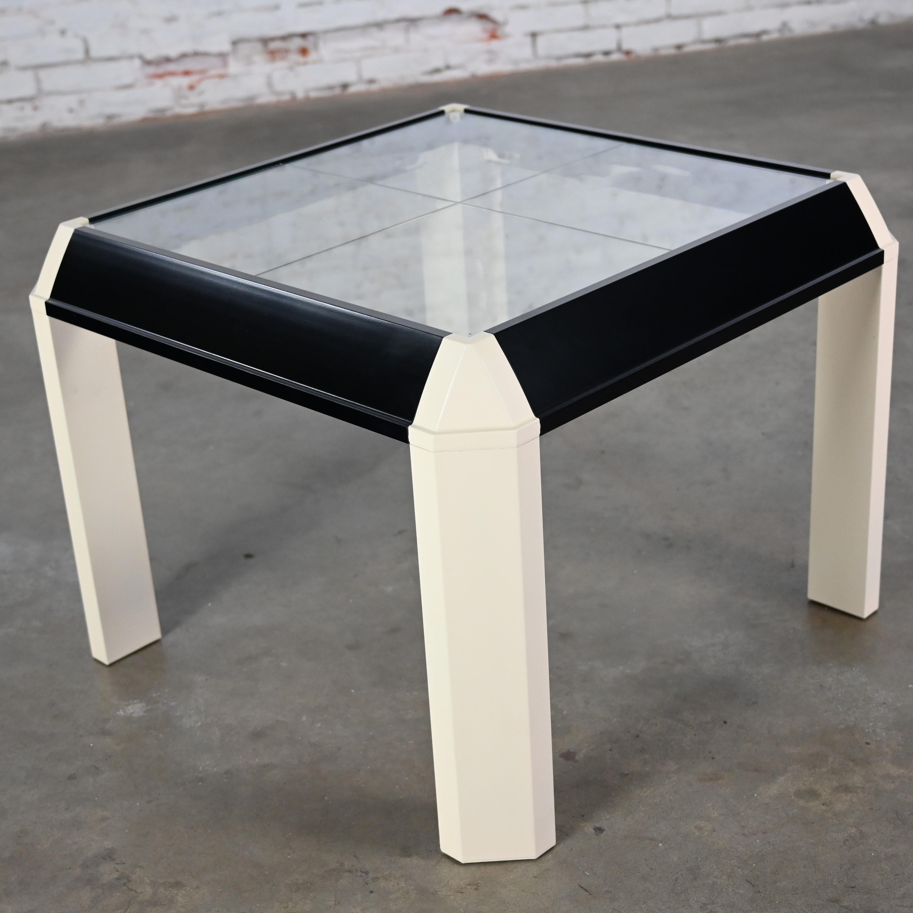 Postmodern End Table Black Painted Frame Off White Trapezoid Legs Glass Top For Sale 2