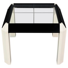 Postmodern End Table Black Painted Frame Off White Trapezoid Legs Glass Top