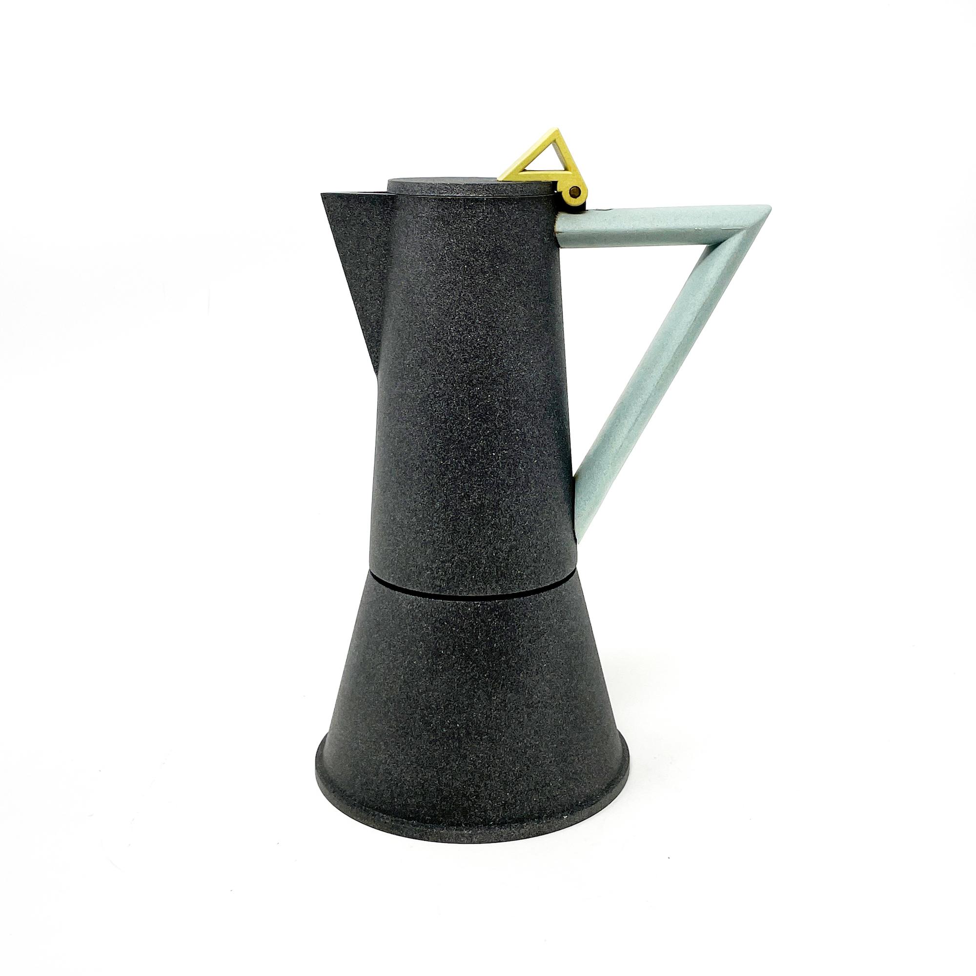 A quintessentially postmodern espresso pot/coffee maker designed by the Memphis Milano master, Ettore Sottsass, for Lagostina in the 1980s. From Lagostina’s Accademia line, this rare piece was made in Italy and available in a handful of color