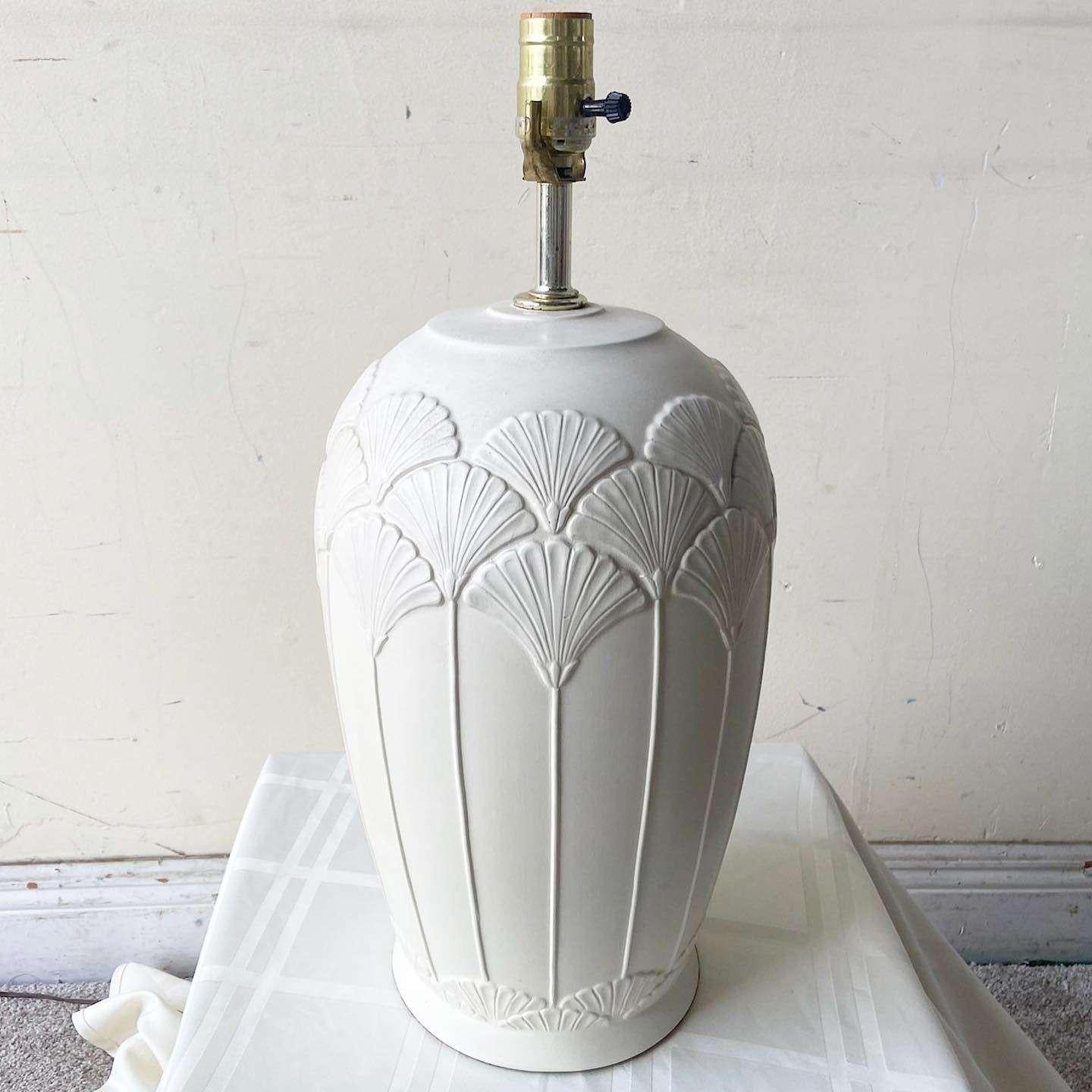 Postmodern Etched Flower Beige Ceramic Table Lamp In Good Condition For Sale In Delray Beach, FL