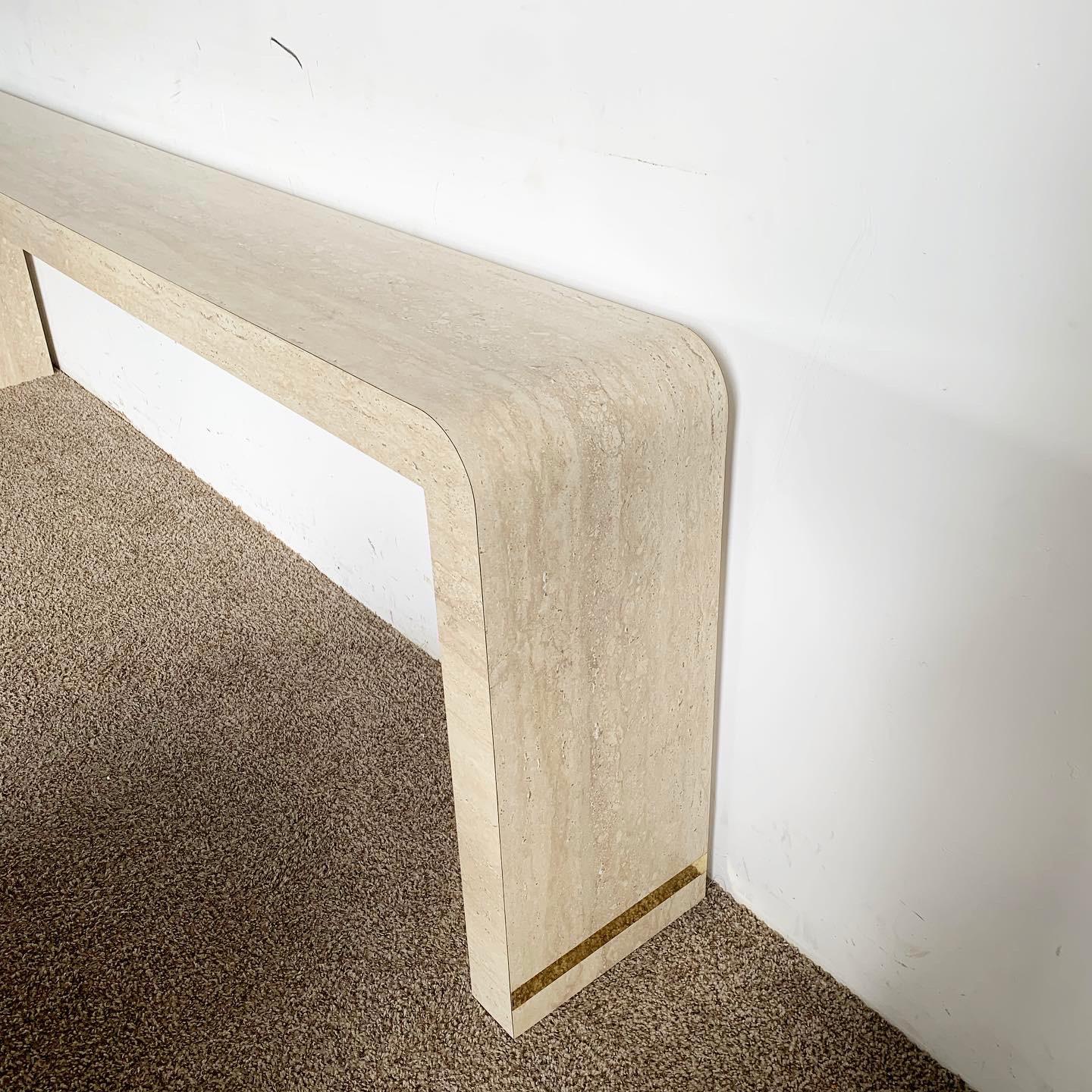 Postmodern Extra Long Faux Travertine Laminate Waterfall Console Table In Good Condition In Delray Beach, FL
