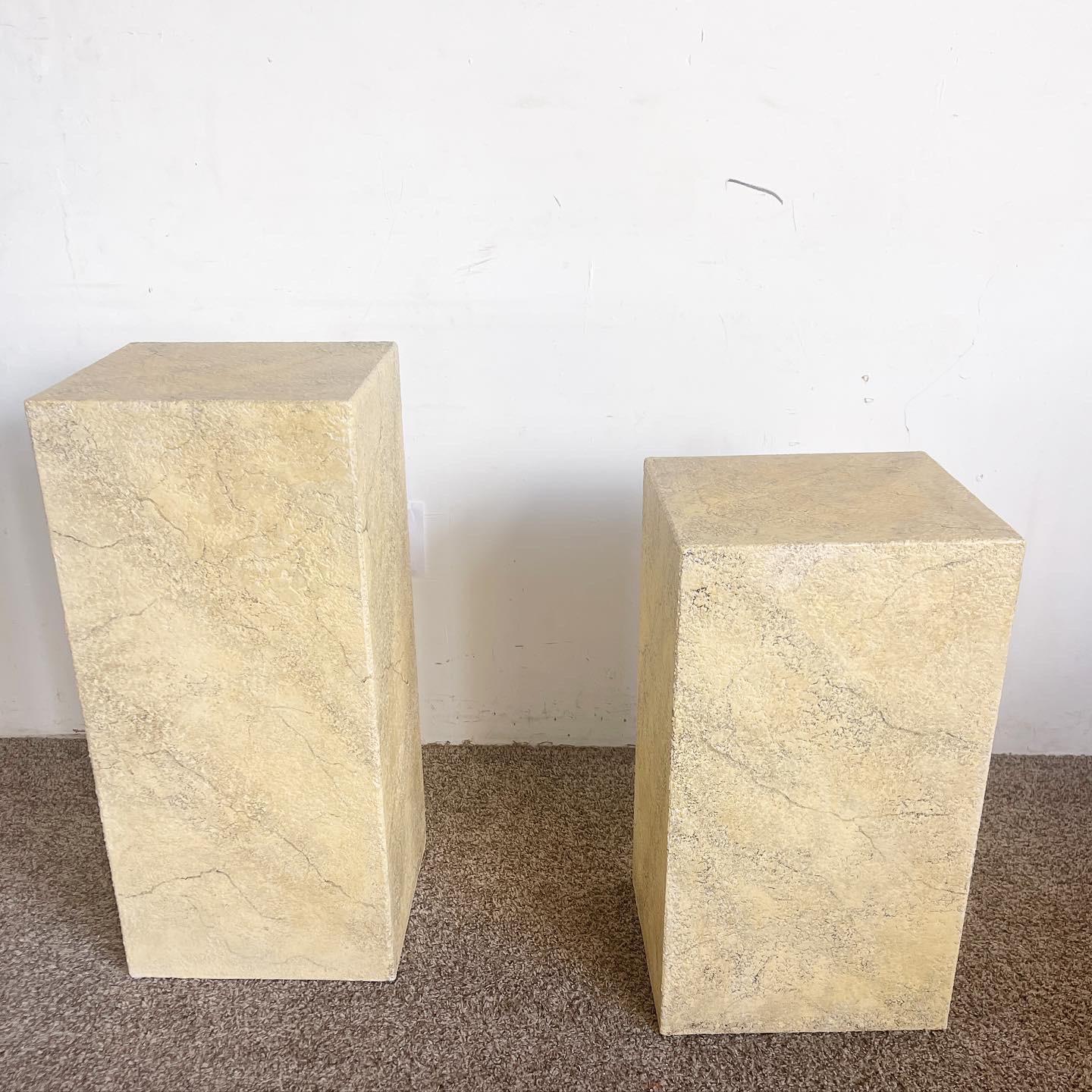 Late 20th Century Postmodern Faux Beige Stone Pedestals - a Pair For Sale