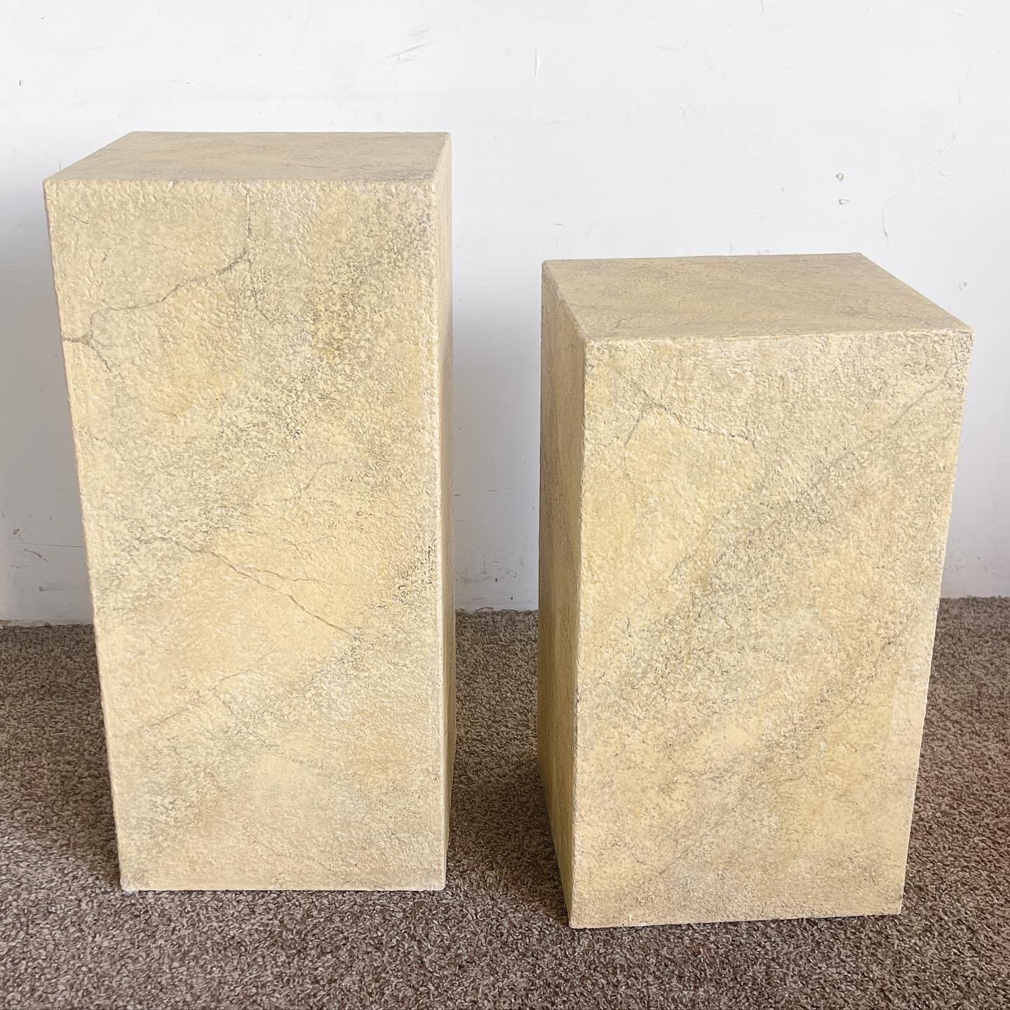 Wood Postmodern Faux Beige Stone Pedestals - a Pair For Sale