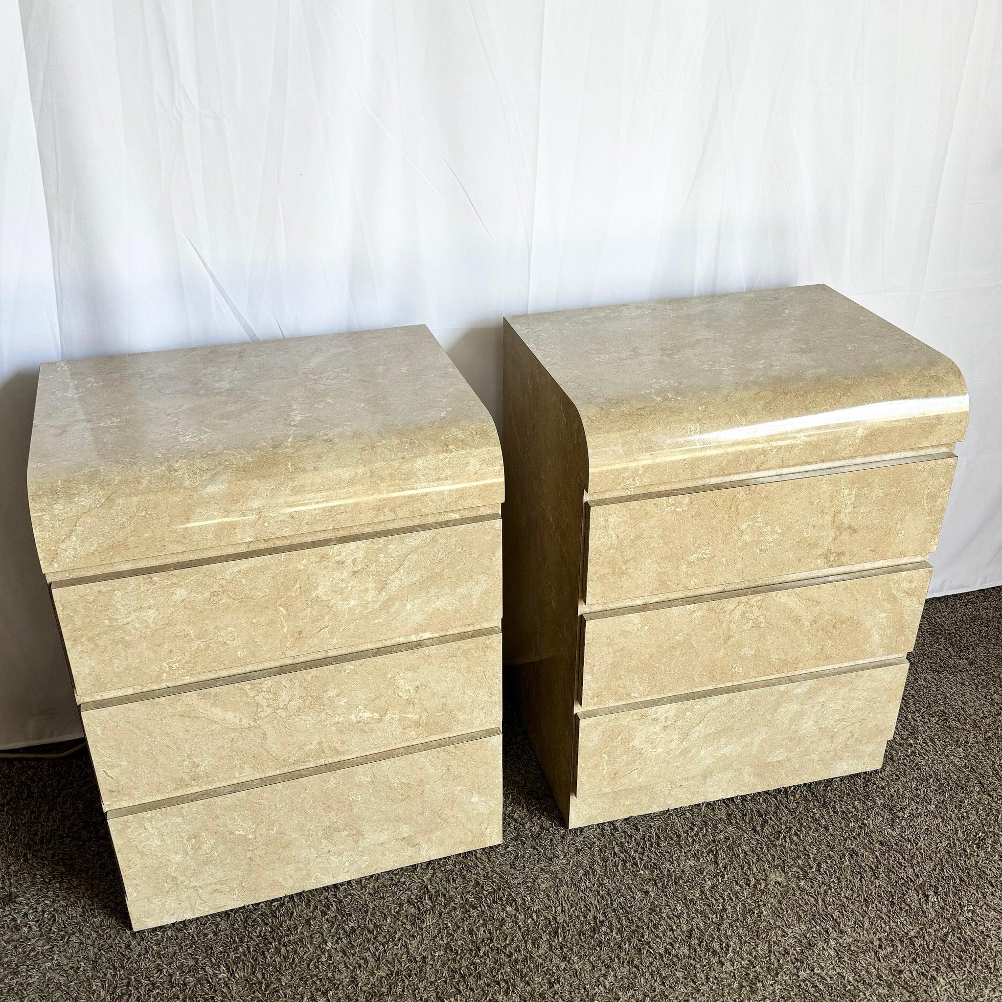 Pair of Postmodern Faux Marble Nightstands with a sleek waterfall design and three drawers, perfect for adding modern elegance to any bedroom.
 
 We sell items as acquired, without restoring or repairing. Vintage pieces may have age-related wear.