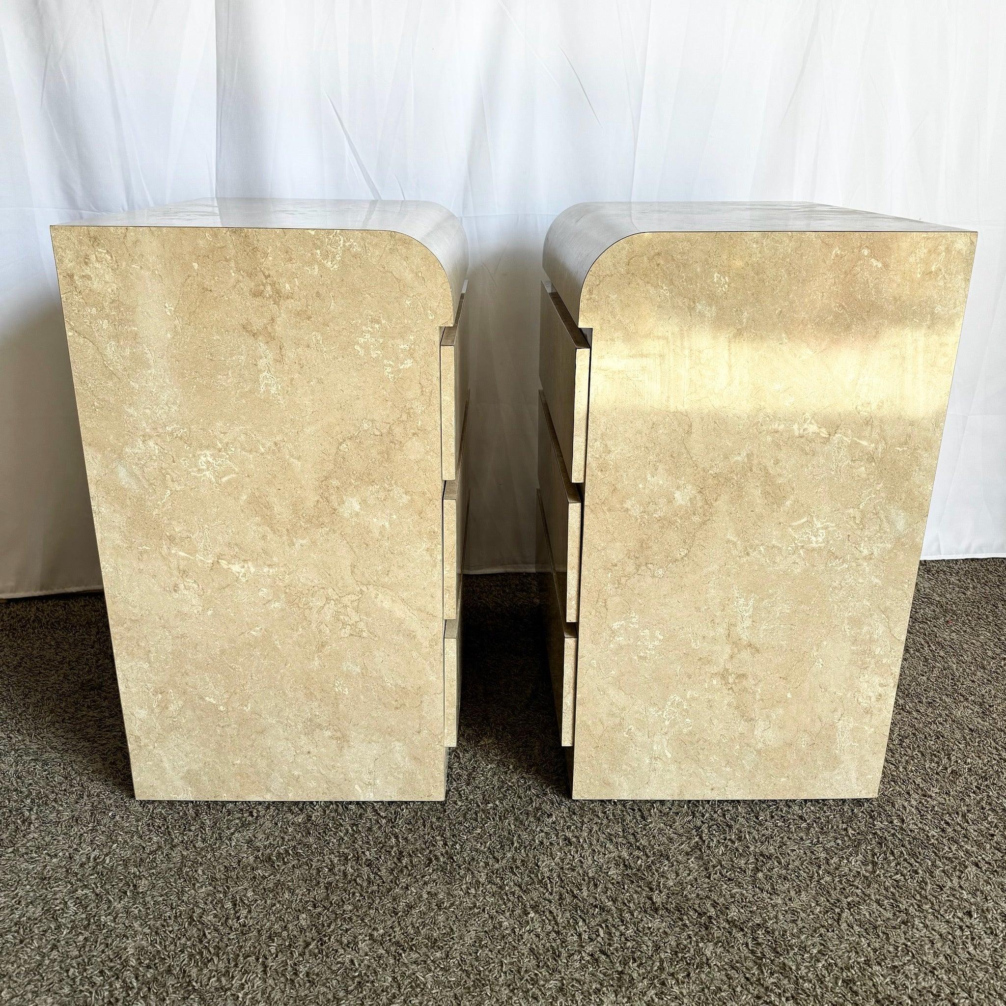 Postmodern Faux Beige/Tan Marble Laminate Waterfall Nightstands - a Pair In Good Condition For Sale In Delray Beach, FL