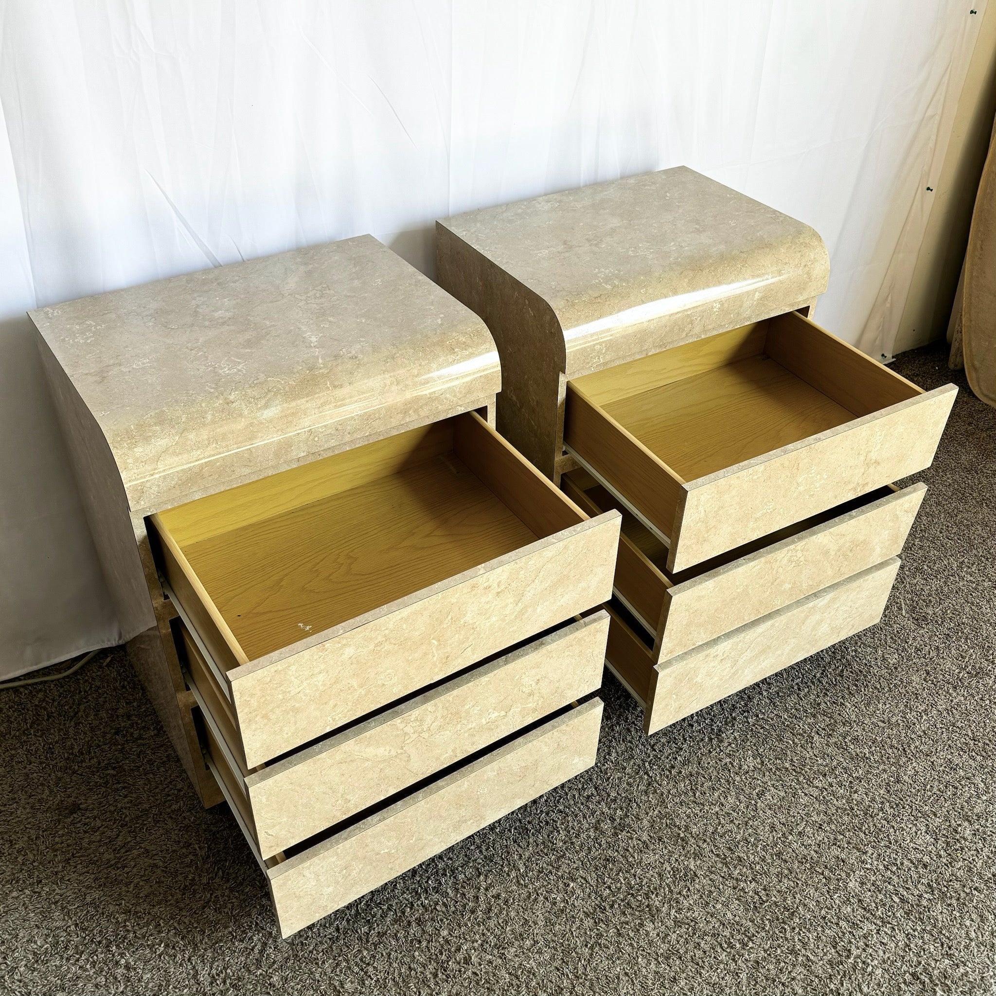 Late 20th Century Postmodern Faux Beige/Tan Marble Laminate Waterfall Nightstands - a Pair For Sale
