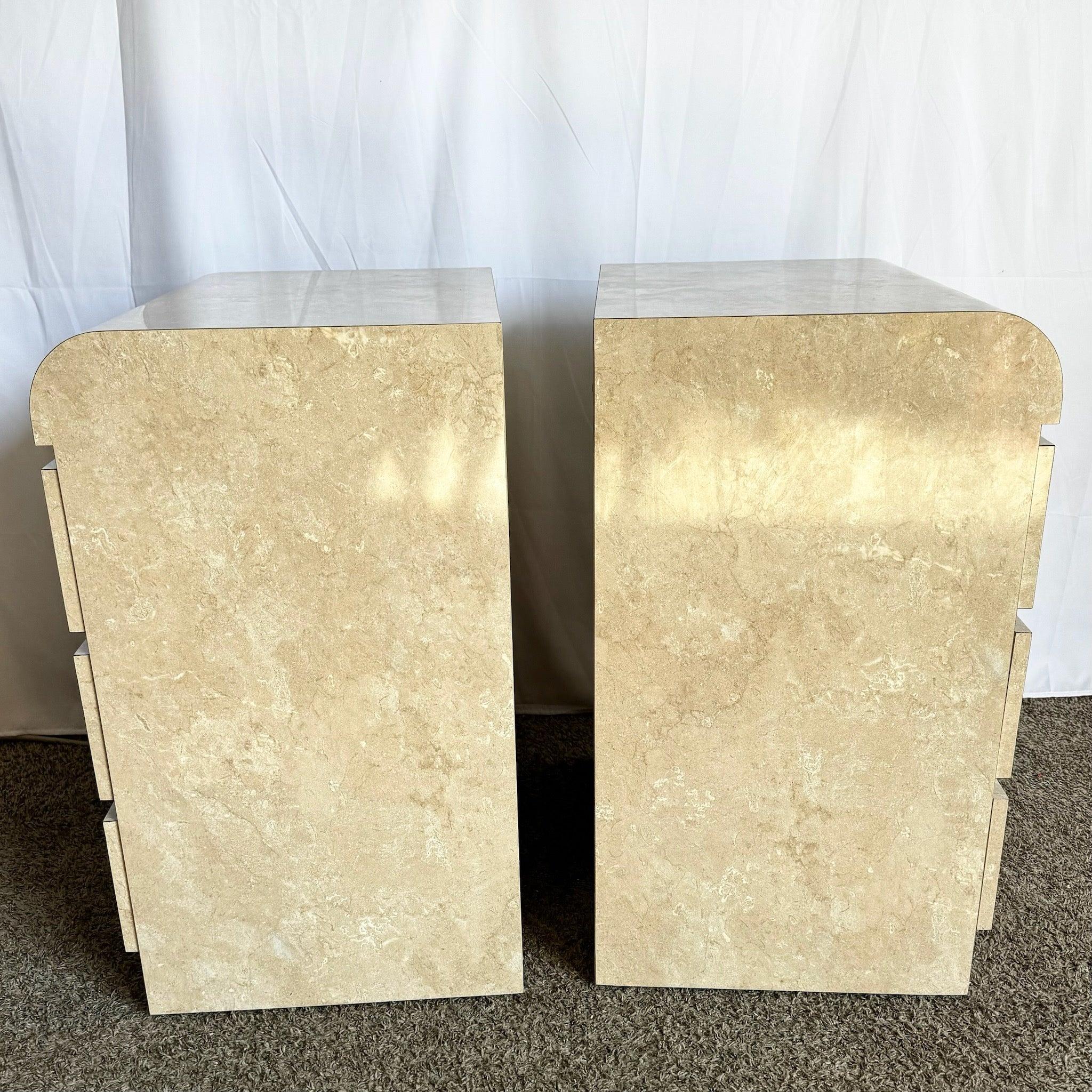 Wood Postmodern Faux Beige/Tan Marble Laminate Waterfall Nightstands - a Pair For Sale