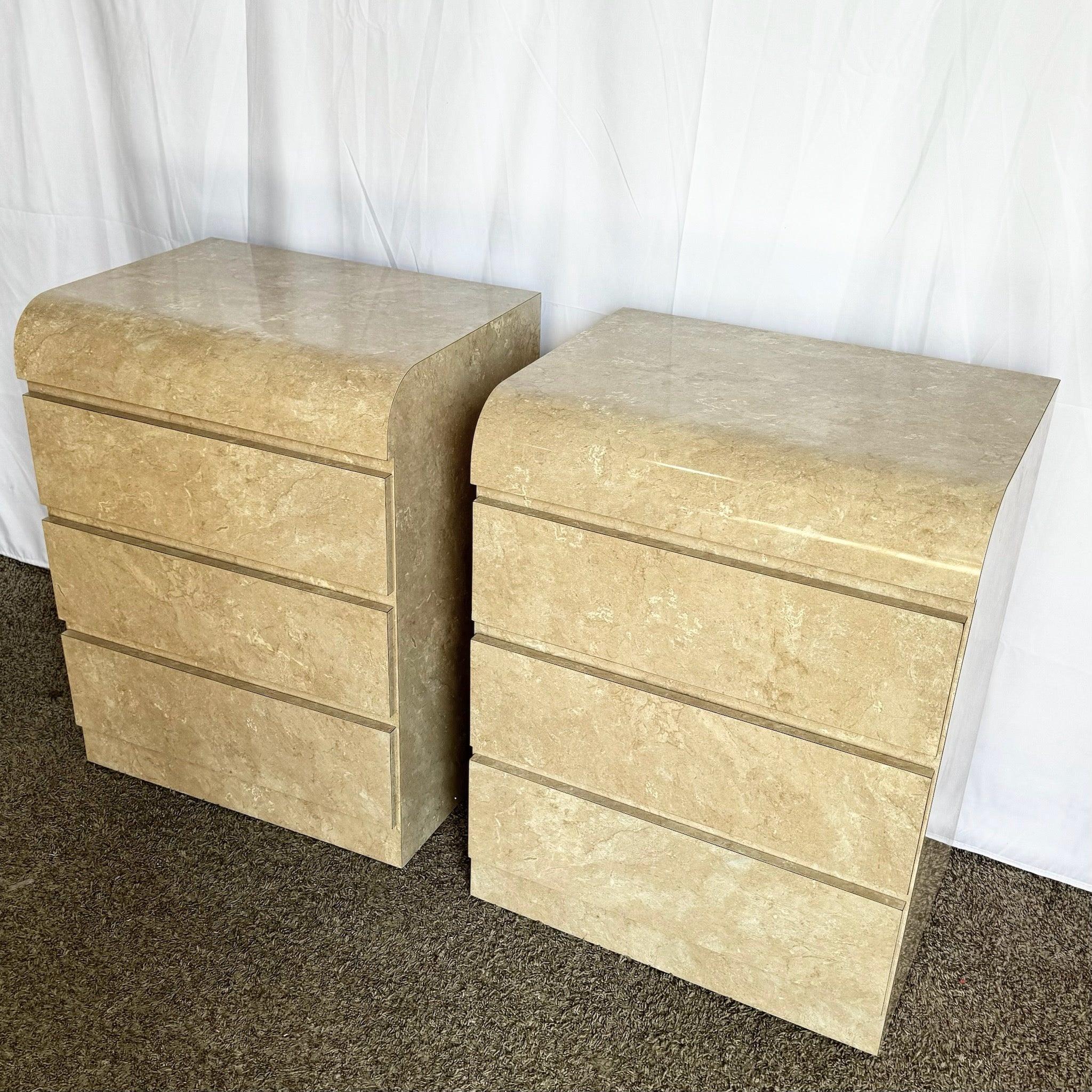 Postmodern Faux Beige/Tan Marble Laminate Waterfall Nightstands - a Pair For Sale 1