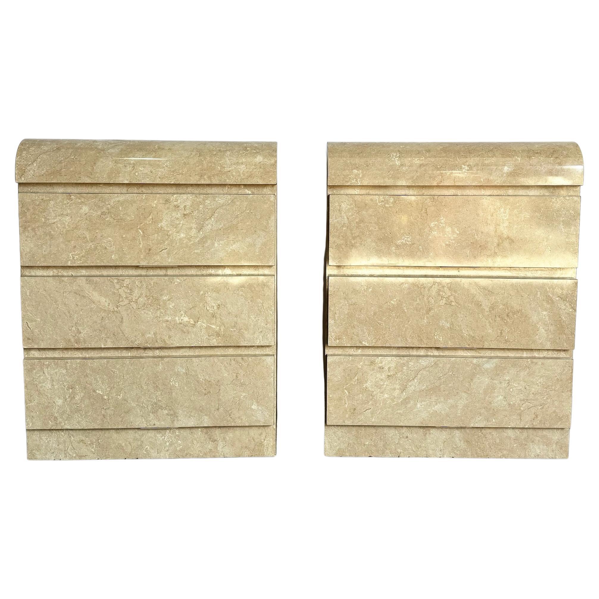 Postmodern Faux Beige/Tan Marble Laminate Waterfall Nightstands - a Pair