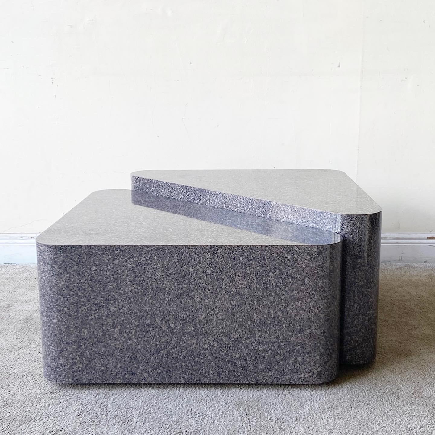 Post-Modern Postmodern Faux Charcoal Terrazzo Lacquer Laminate Triangular End Tables
