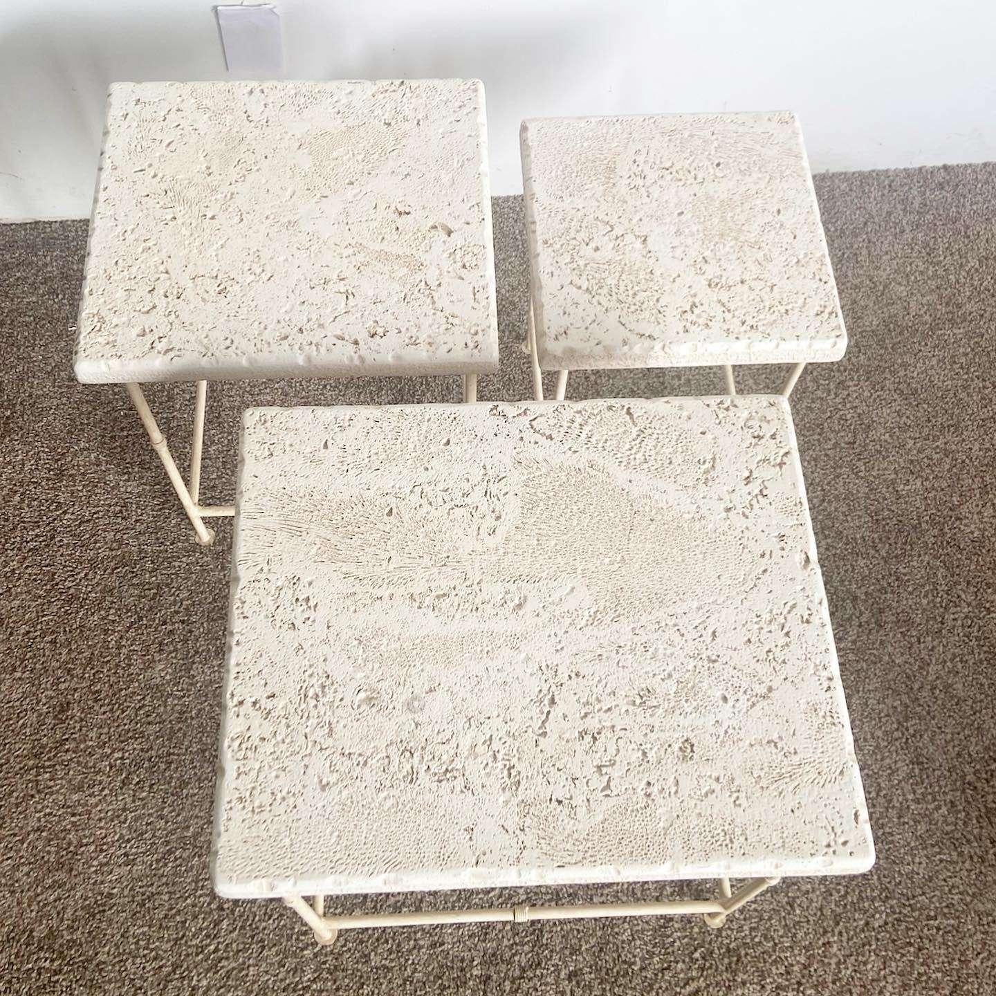 Metal Postmodern Faux Coral Top Nesting Tables - Set of 3 For Sale