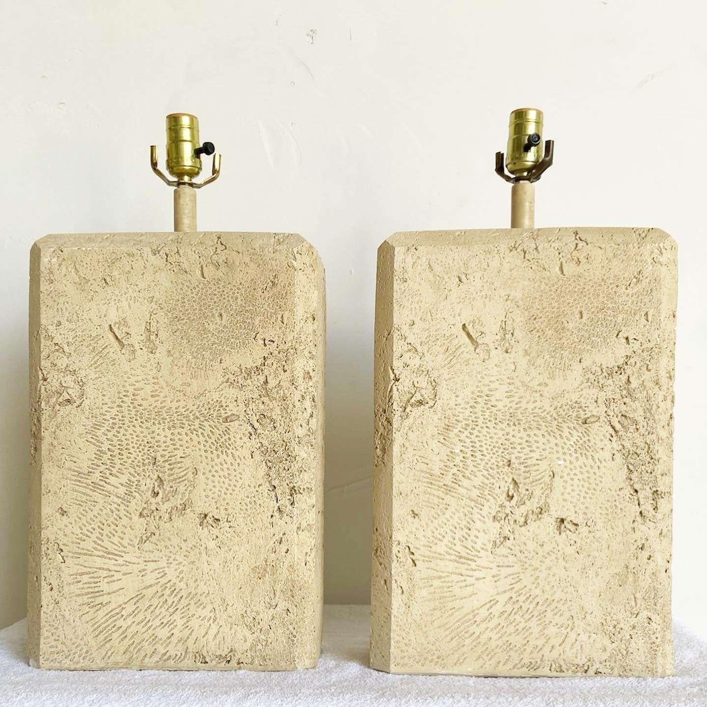American Postmodern Faux Fossilized Stone Table Lamps - a Pair For Sale