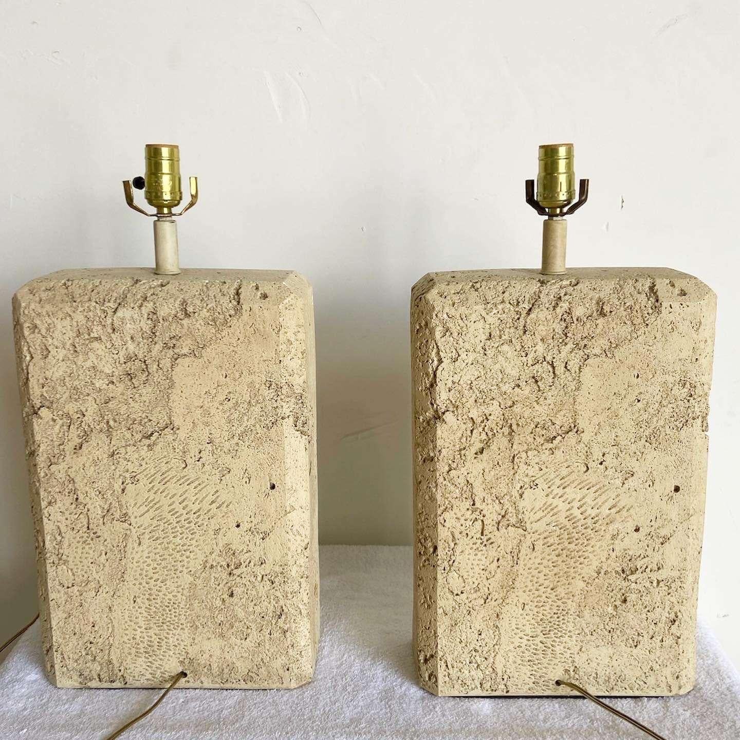 Postmodern Faux Fossilized Stone Table Lamps - a Pair In Good Condition For Sale In Delray Beach, FL