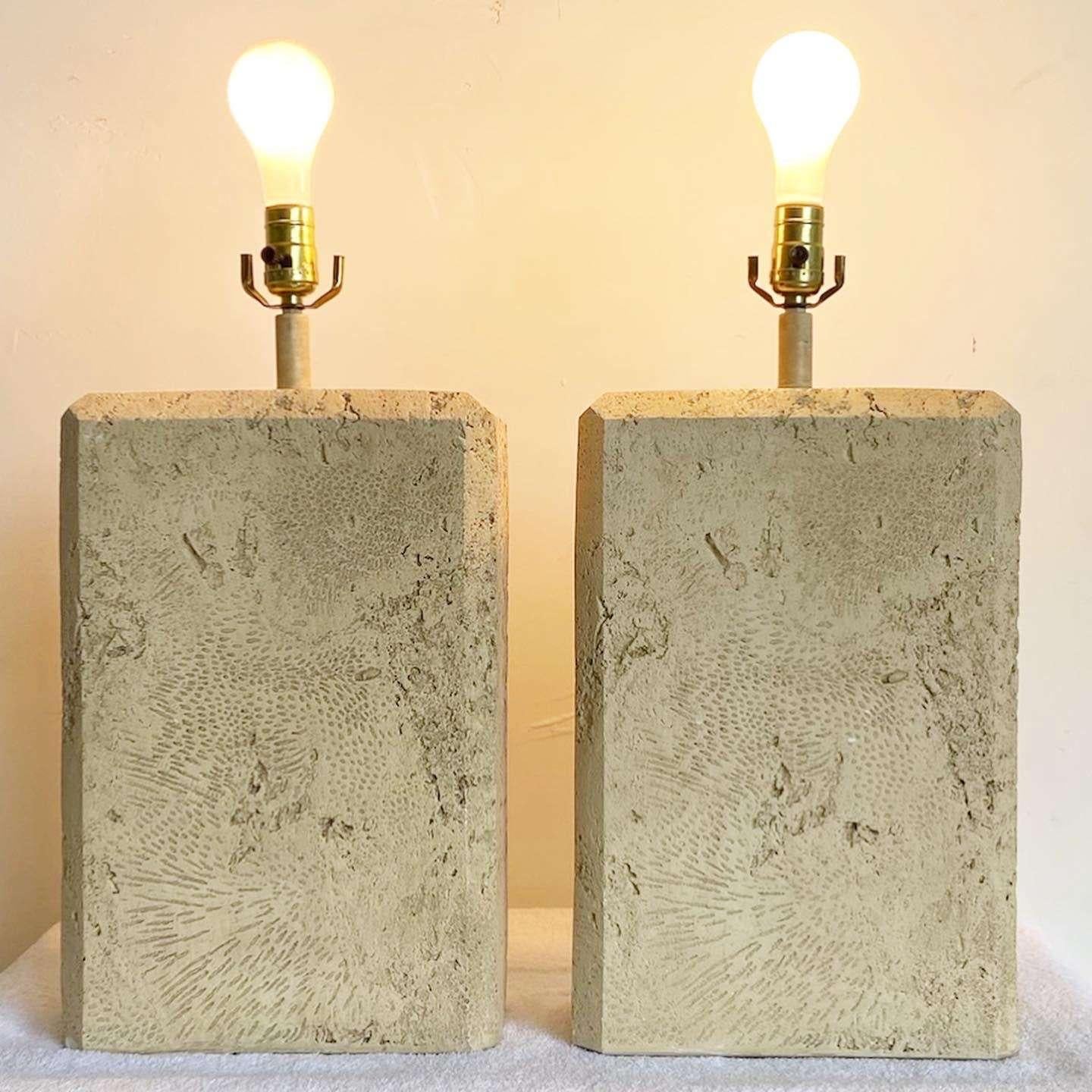 Late 20th Century Postmodern Faux Fossilized Stone Table Lamps - a Pair For Sale