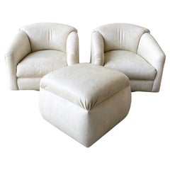Postmodern Faux Goatskin Swivel Chairs With Ottoman, Three Pieces